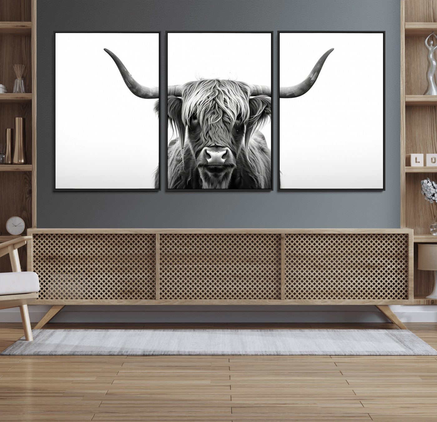 49556-MGV-FC-60X30-3P_Black-Highland Wall Art Canvas Print – Minimalist Black and White Farmhouse Décor, Ready to Hang