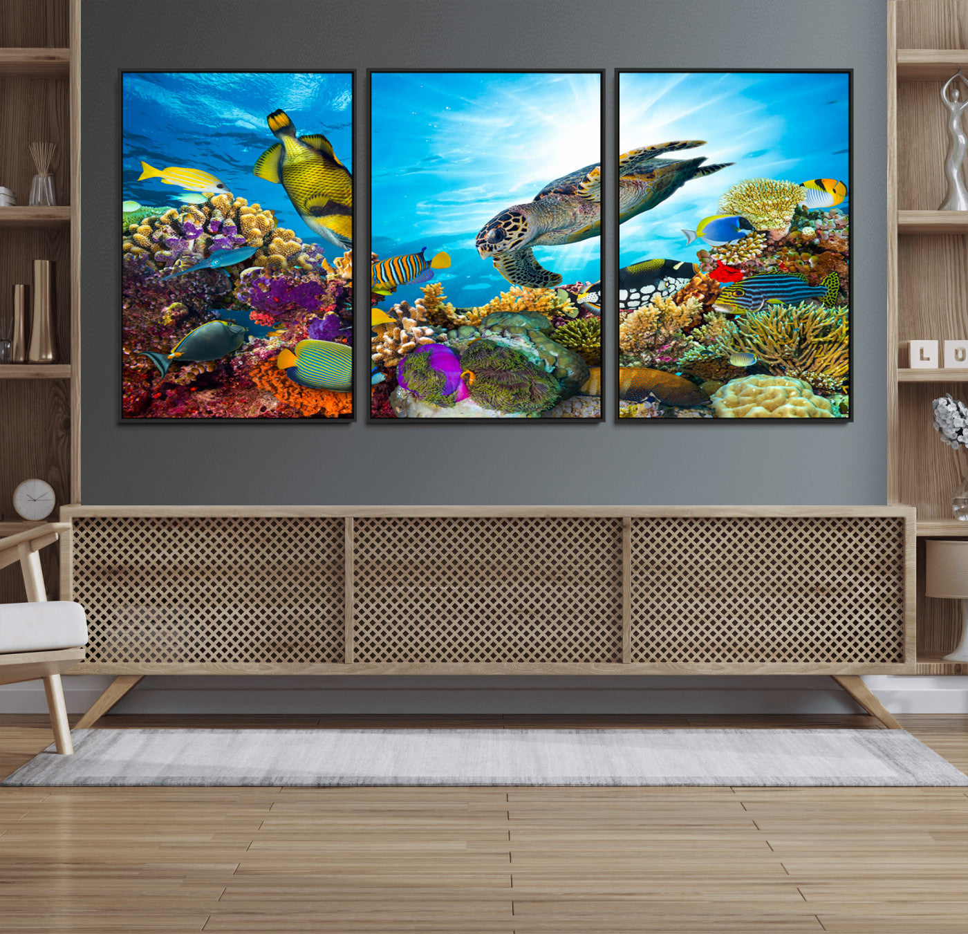 44772-MGV-FC-60X30-3P_Black-Colorful Coral Reef and Sea Life Turtle Canvas Print, Underwater Tropical Ocean Wall Art for Home