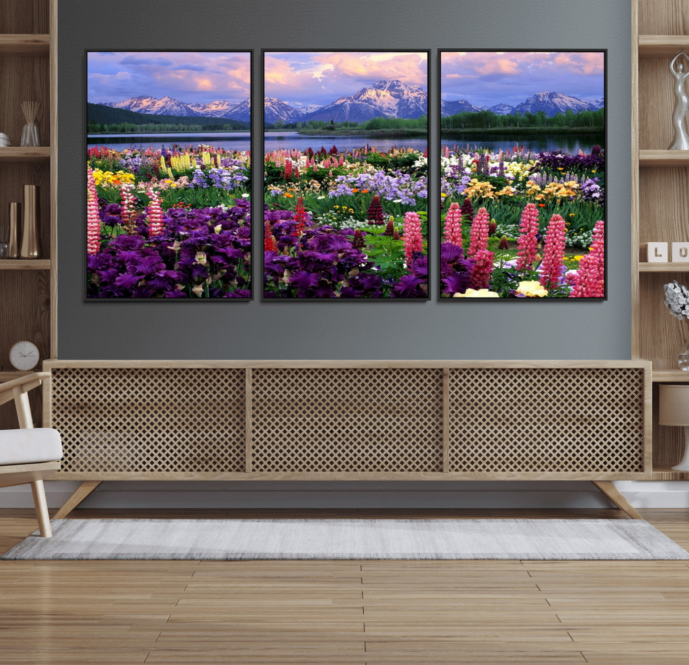 82270-MGV-FC-60X30-3P_Black-Wildflower Canvas Print – Blooming Floral Meadows with Majestic Mountain Backdrop, Ready to Hang