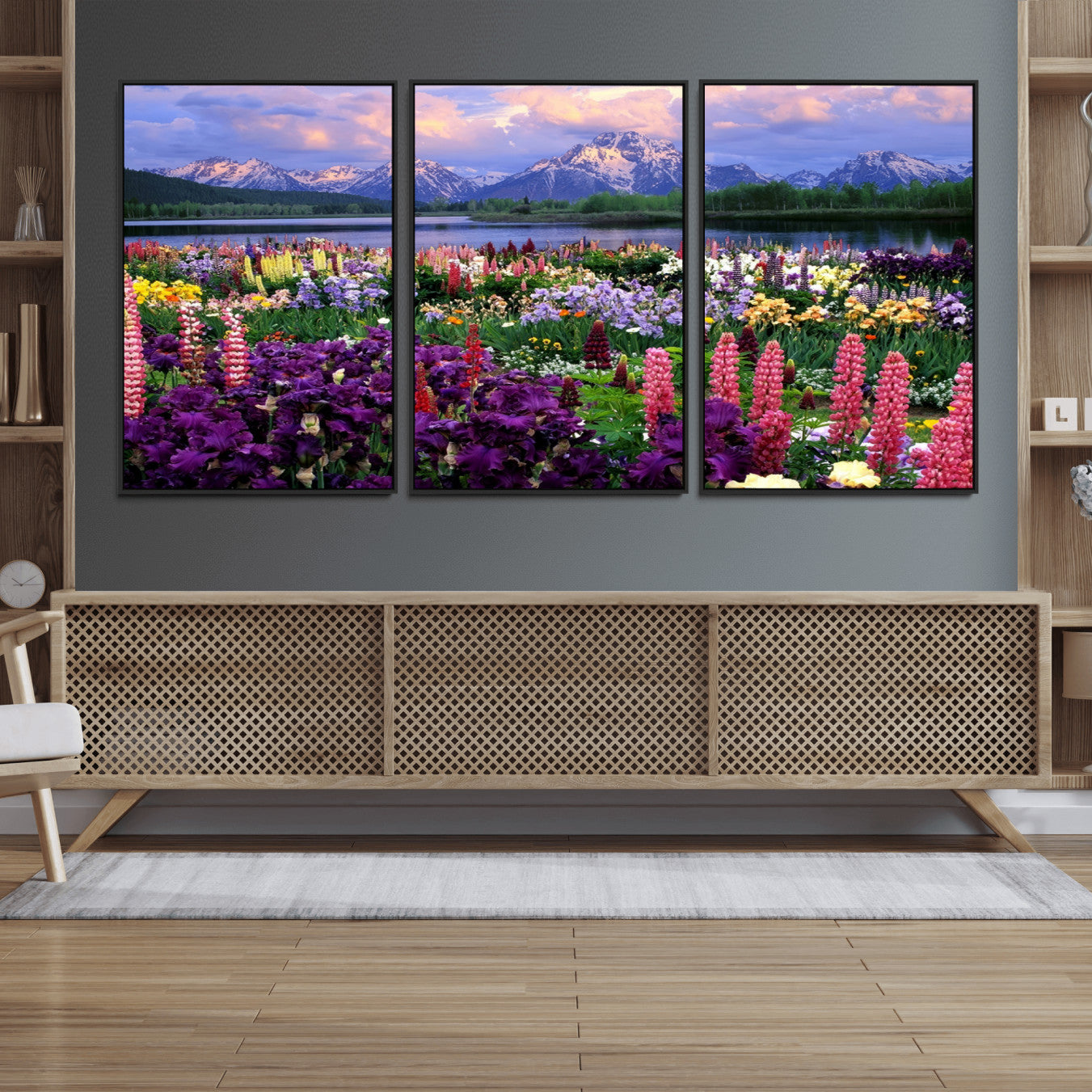 82270-MGV-FC-60X30-3P_Black-Vibrant Wildflower Garden and Mountain View Giclee Canvas Print | Floral Wall Art for Living Room