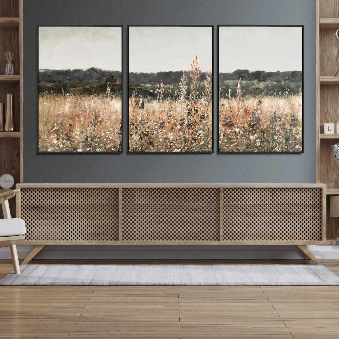 16595-MGV-FC-60X30-3P_Black-Rustic Field Landscape Wall Art Print, Giclee Canvas Wall Art for Modern Homes, Warm Meadow and
