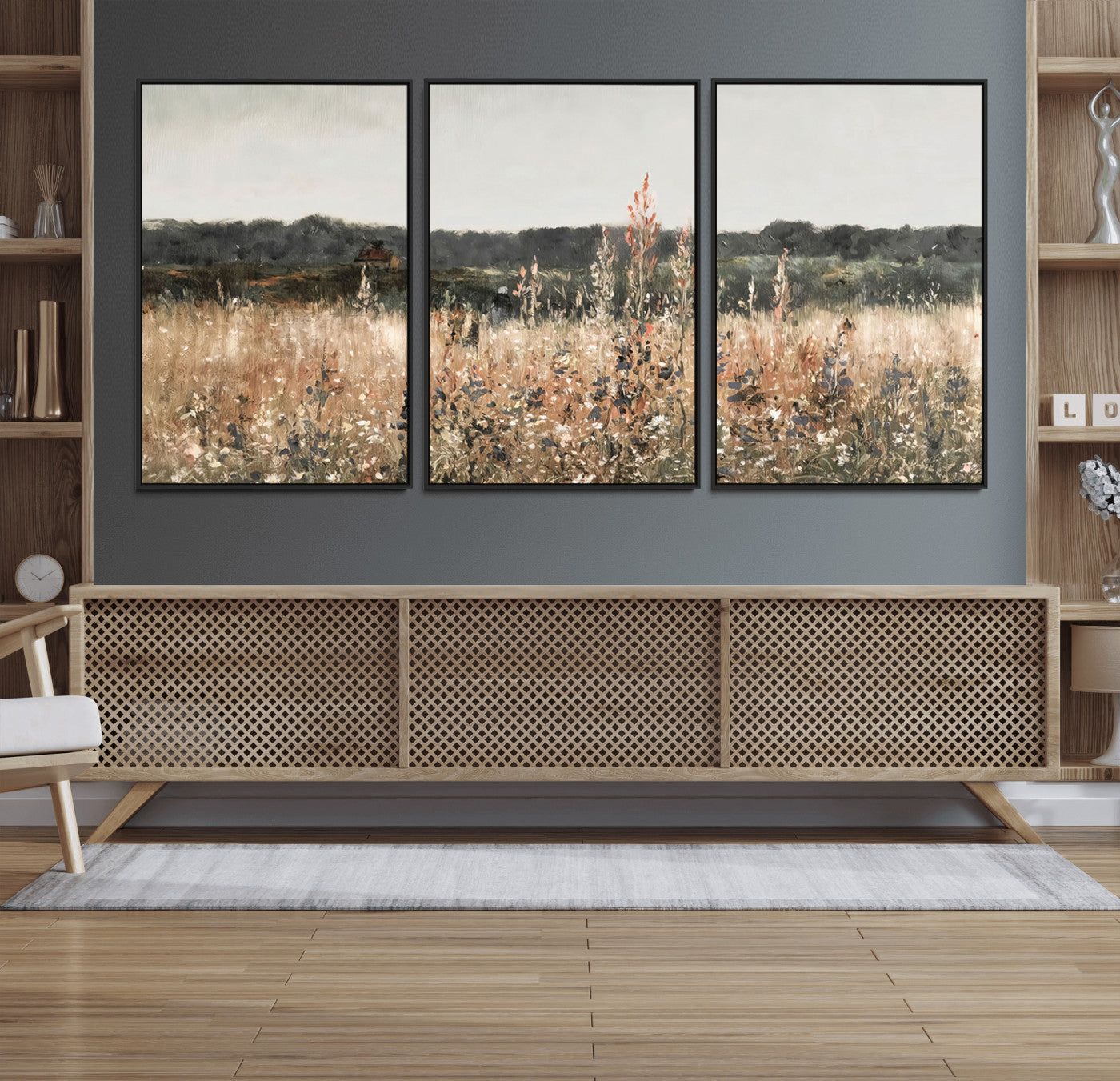 16595-MGV-FC-60X30-3P_Black-Rustic Field Landscape Wall Art Print, Giclee Canvas Wall Art for Modern Homes, Warm Meadow and