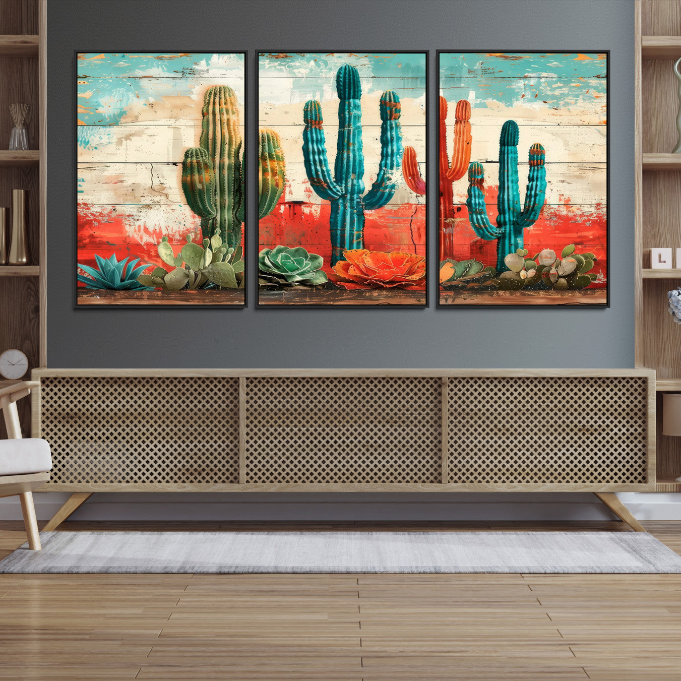 A vivid southwestern-style artwork featuring an eclectic mix of cacti and succulents painted against a textured, rustic wood backdrop in rich turquoise, red, and orange hues.
