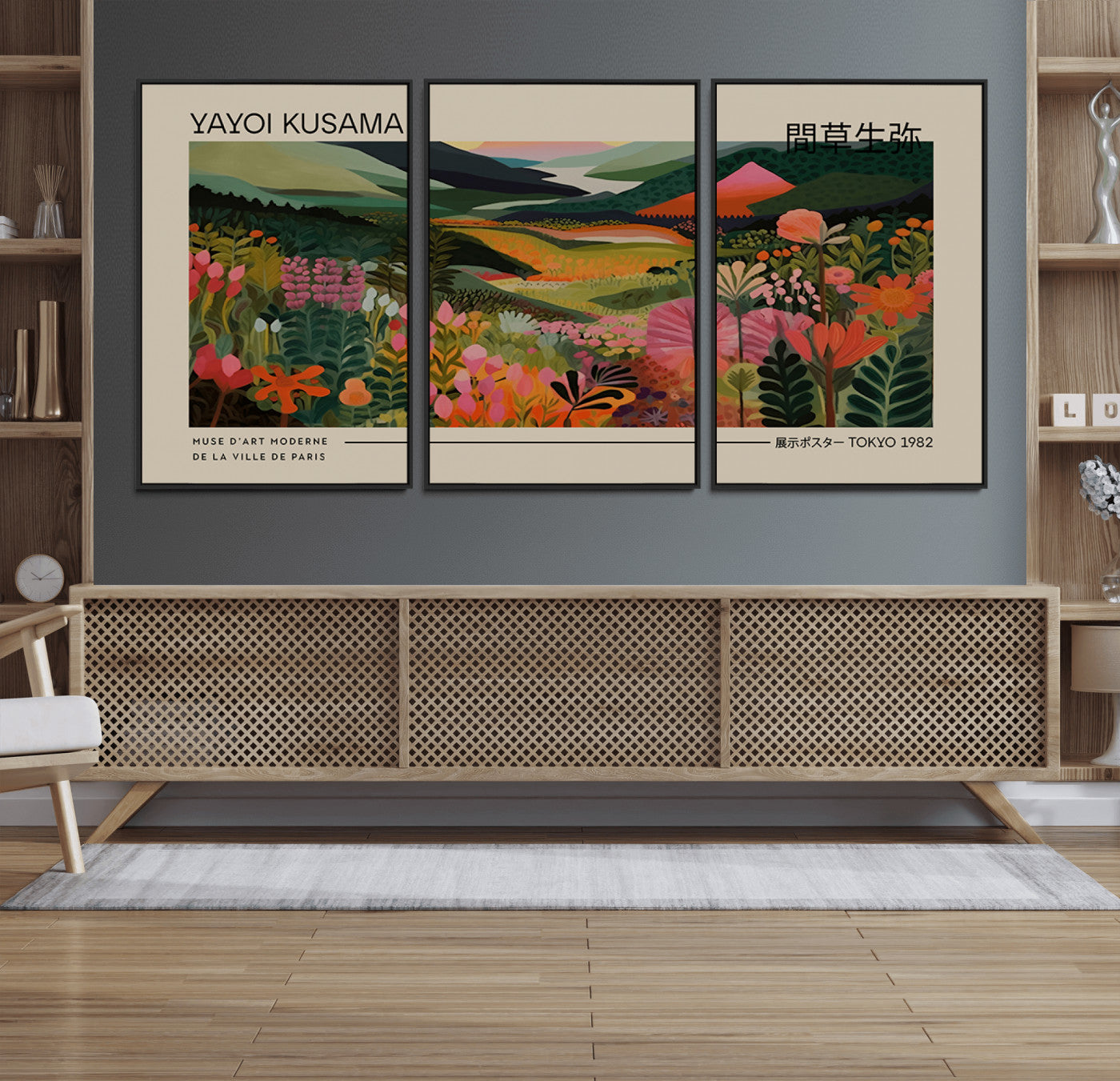 69187-MGV-FC-60X30-3P_Black-Yayoi Kusama Landscape Canvas Print, Vibrant Floral Mountain Art Print, Botanical Flower Nature