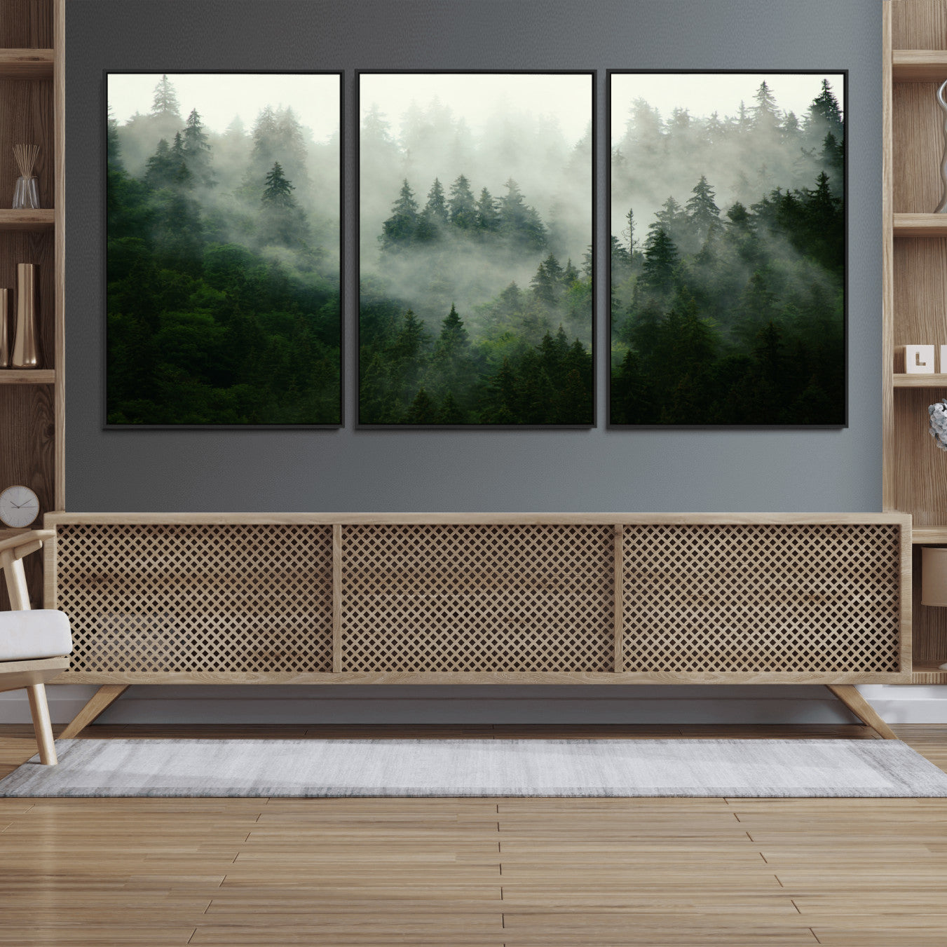 167720496-MGV-CV-36X24-Misty Forest Wall Art – Tranquil Green Woodland Canvas Print, Nature Landscape Decor for Living Room, Bedroom or Office