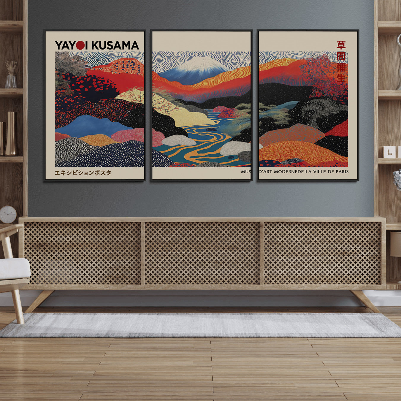 86784-MGV-FC-60X30-3P_Black-Yayoi Kusama Wall Art – Framed Japanese Abstract Art Print, Modern Wabi Sabi Inspired Canvas for Living Room, Office, or Gallery Decor