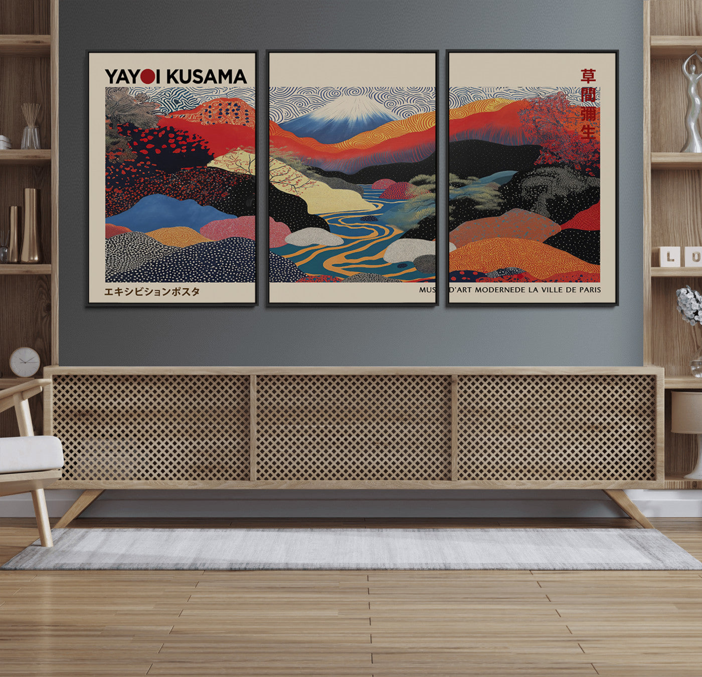 86784-MGV-FC-60X30-3P_Black-Yayoi Kusama Wall Art – Framed Japanese Abstract Art Print, Modern Wabi Sabi Inspired Canvas for Living Room, Office, or Gallery Decor