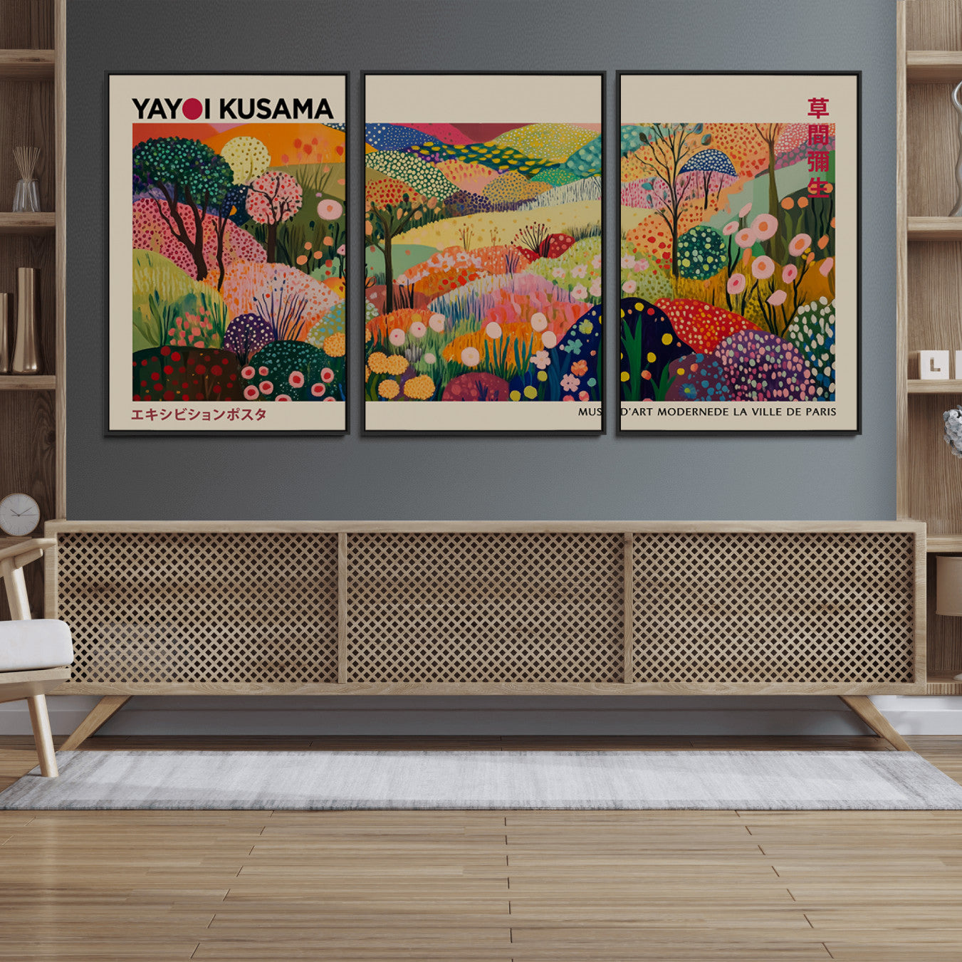 98921-MGV-FC-60X30-3P_Black-Framed Yayoi Kusama 1986 Wall Art Print – Japanese Wall Art Print, Wabi Sabi Yayoi Kusama Print -
