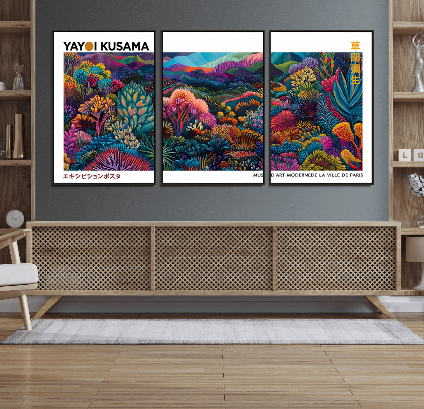 51355-MGV-FC-60X30-3P_Black-Framed Yayoi Kusama 1986 Wall Art Print – Japanese Wall Art Print, Wabi Sabi Yayoi Kusama Print -