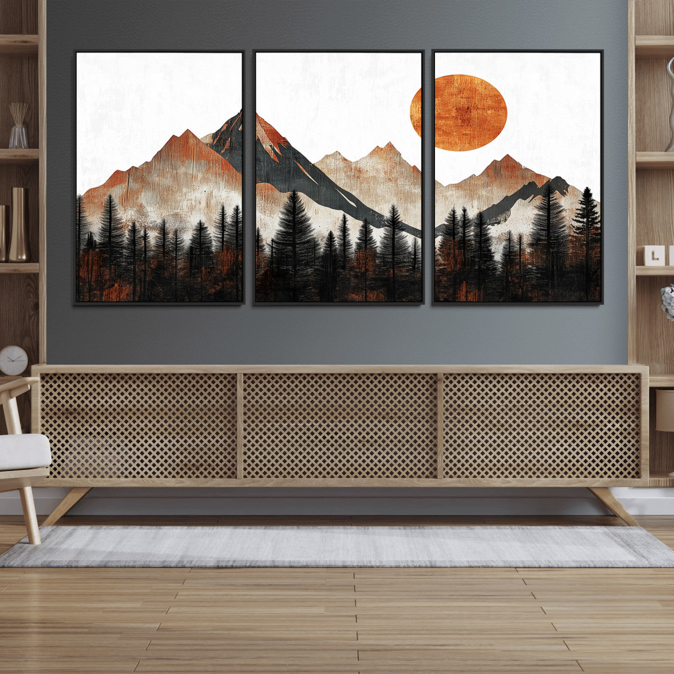 71366-MGV-FC-60X30-3P_Black-Modern Abstract Mountain Canvas Wall Art Print, Abstract Landscape Print, Rustic Sun and Mountains