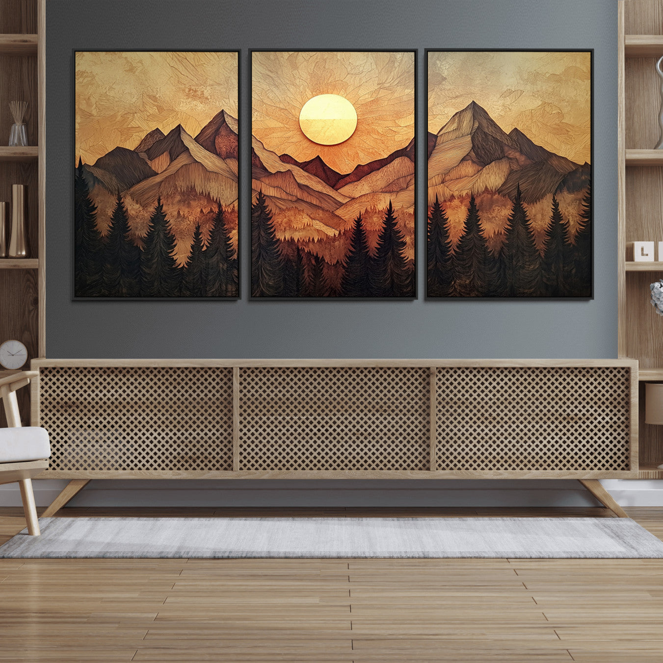 71340-MGV-FC-60X30-3P_Black-Wood Style Abstract Mountain Sunset Canvas Wall Art Print - Warm Earth Nature-Inspired Decor for