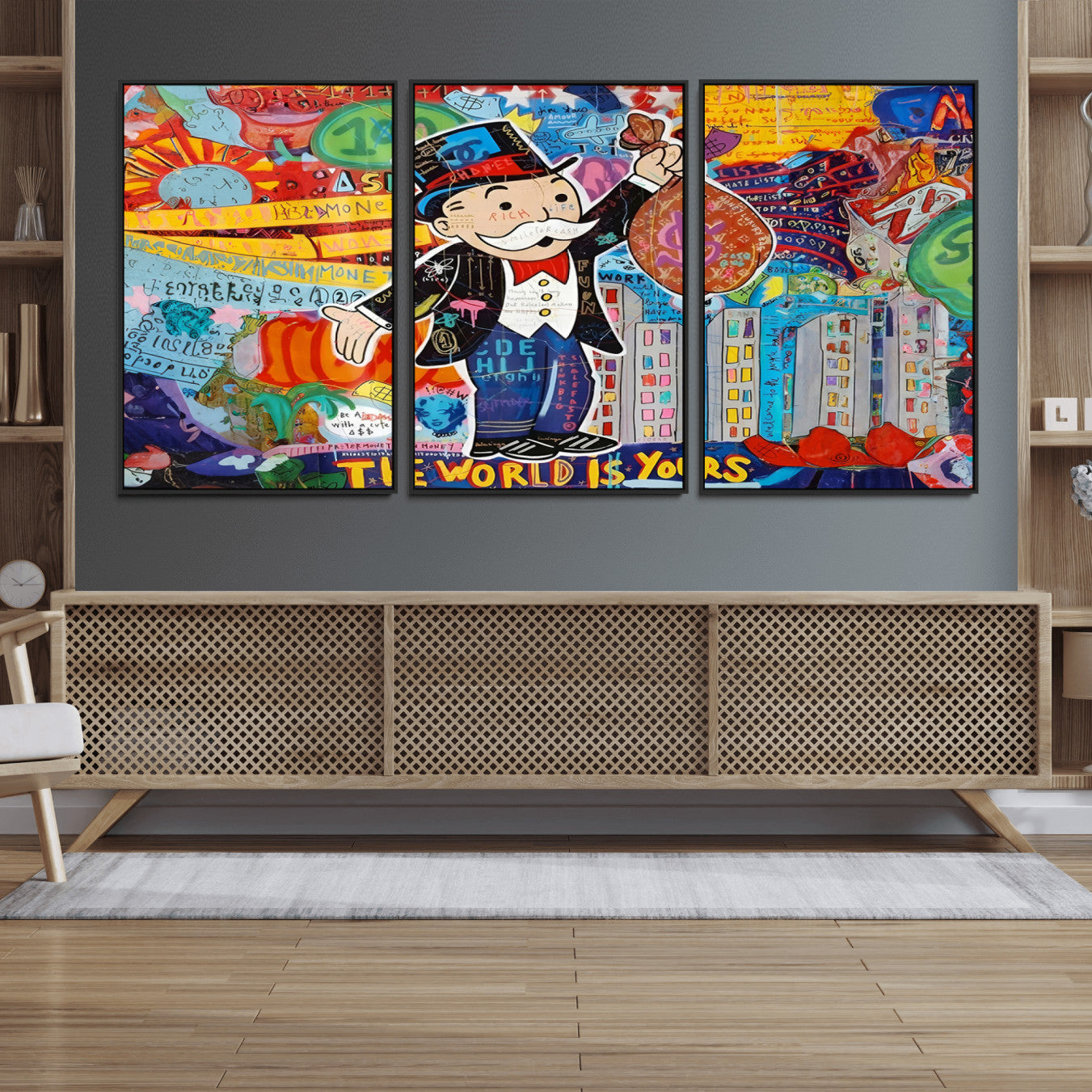 96320-MGV-FC-60X30-3P_Black-Pop Art Monopoly Man Canvas Wall Art Print - Bold and Colorful Street Art-Inspired Decor for Living