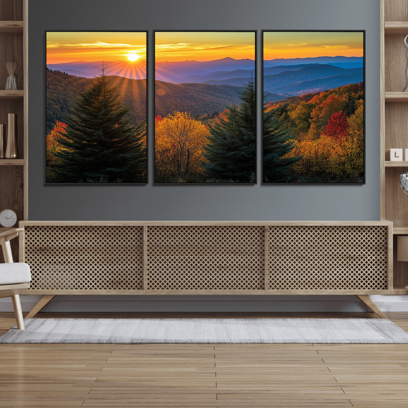 49710-MGV-FC-60X30-3P_Black-Golden Sunset Over Mountain Forest Canvas Wall Art Print - Warm Nature-Inspired Landscape for Living