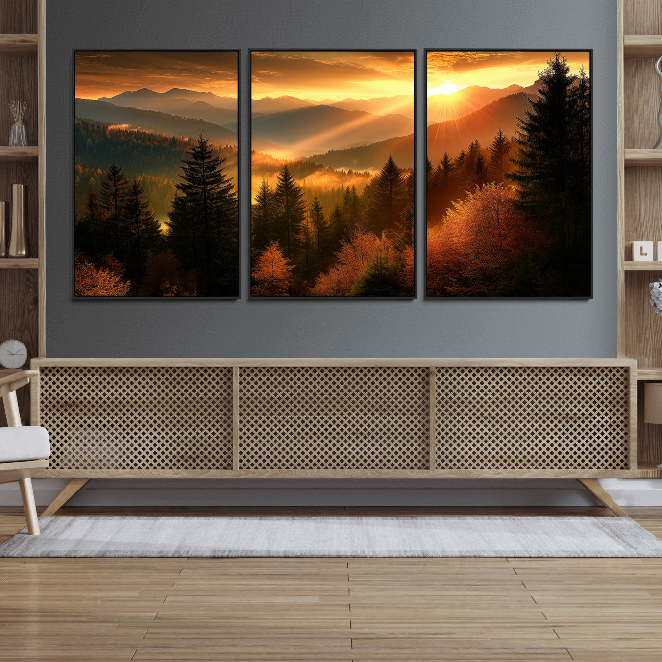 42606-MGV-FC-60X30-3P_Black-Golden Sunset Over Mountain Forest Canvas Wall Art Print - Warm Nature Landscape Print