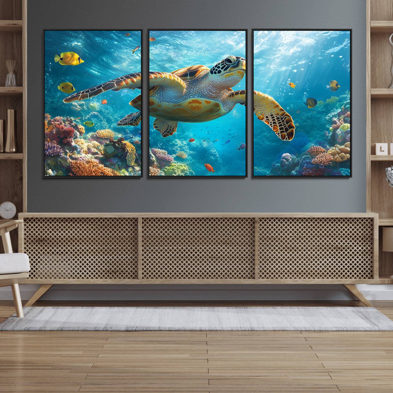 37623-MGV-FC-60X30-3P_Black-Sea Turtle Underwater Canvas Wall Art Print - Vibrant Ocean Wildlife Decor, Marine Wall Art