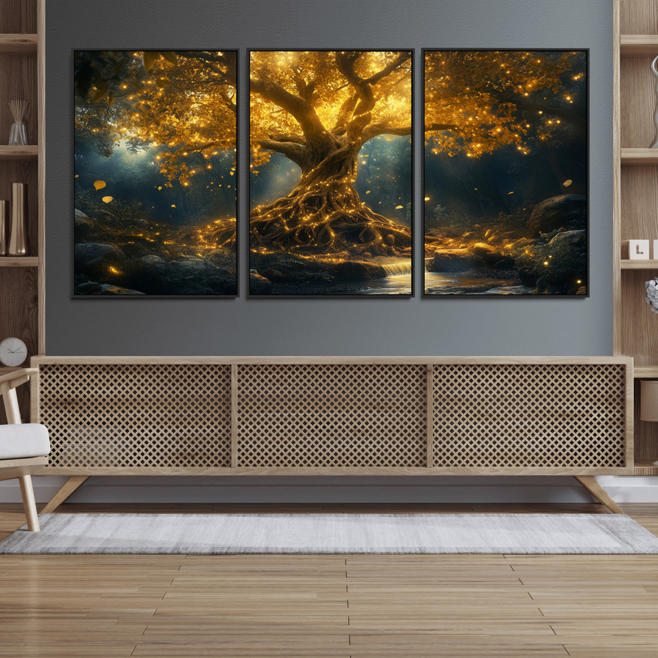 92739-MGV-FC-60X30-3P_Black-Golden Tree of Life Canvas Wall Art Print - Majestic Glowing Tree Wall Art Print