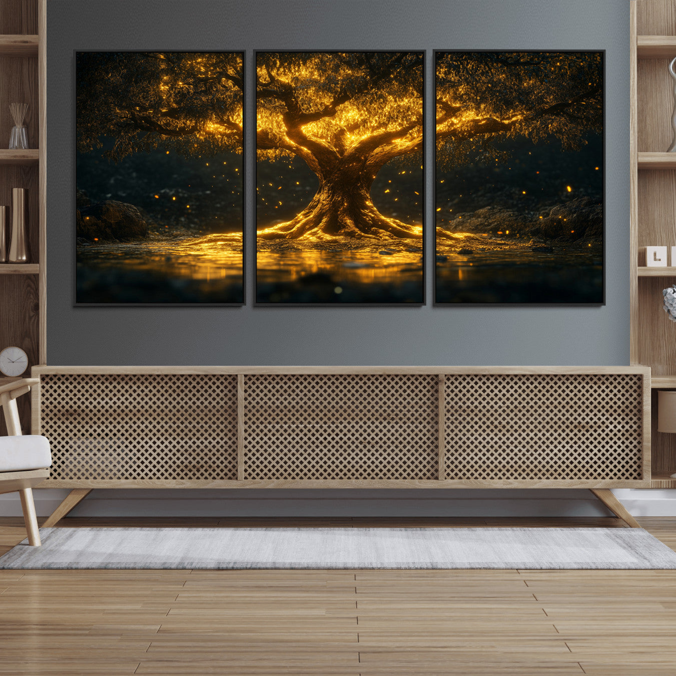 59580-MGV-FC-60X30-3P_Black-Golden Tree of Life Canvas Wall Art Print - Majestic Glowing Tree Wall Art Print