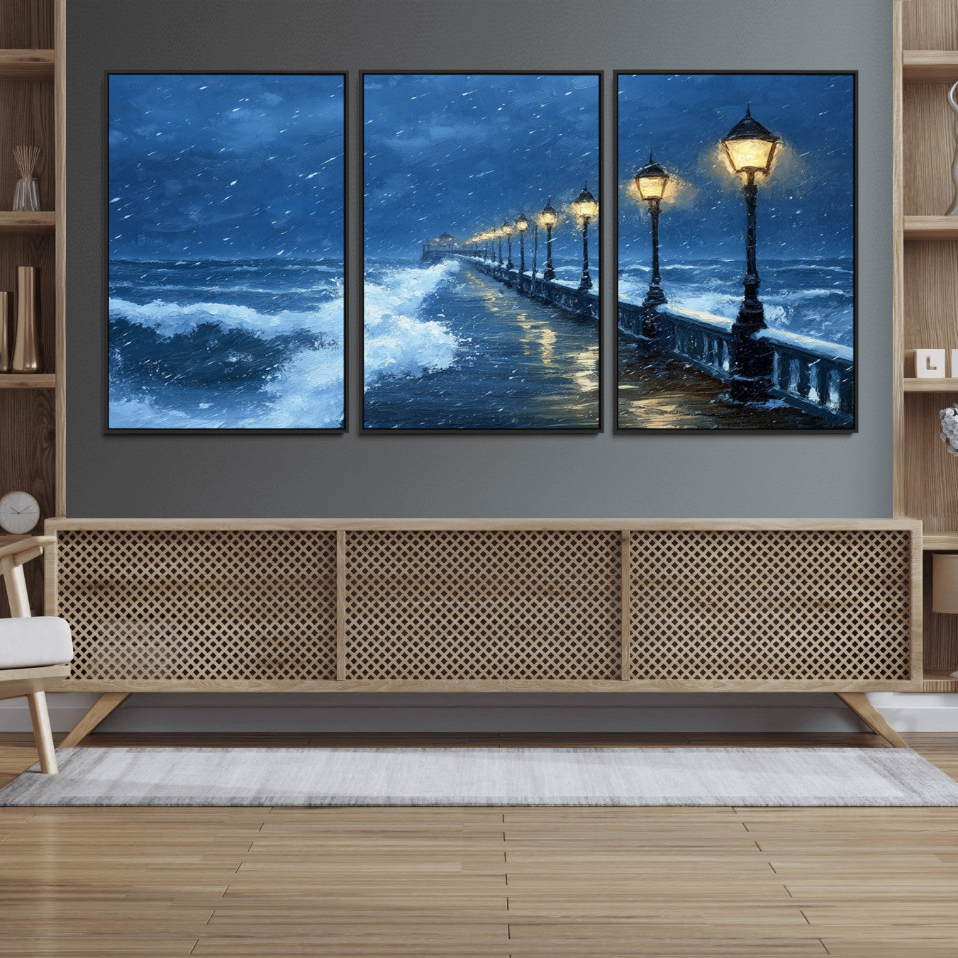 32668-MGV-FC-60X30-3P_Black-Stormy Ocean Pier Lights Canvas Wall Art Print - Large Moody Night Scene for Living Room, or Office,