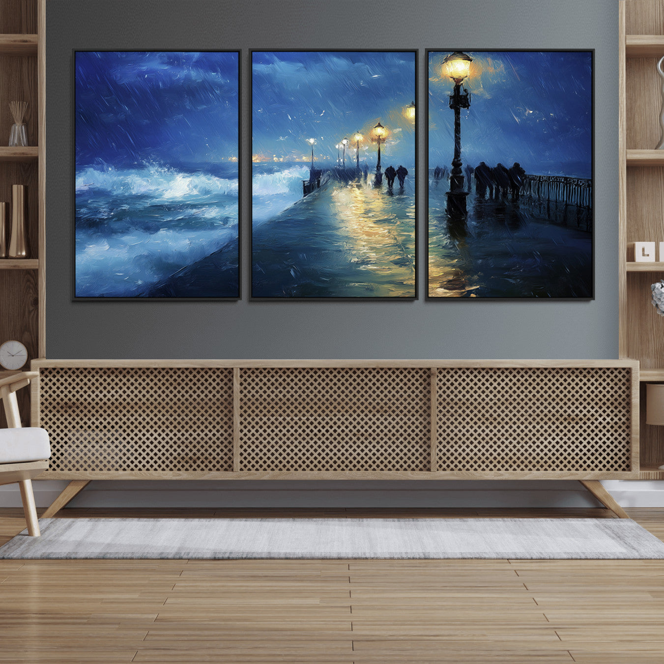 76572-MGV-FC-60X30-3P_Black-Abstract Stormy Ocean Pier Canvas Wall Art Print | Stormy Ocean Art | Large Moody Night Scene Print,