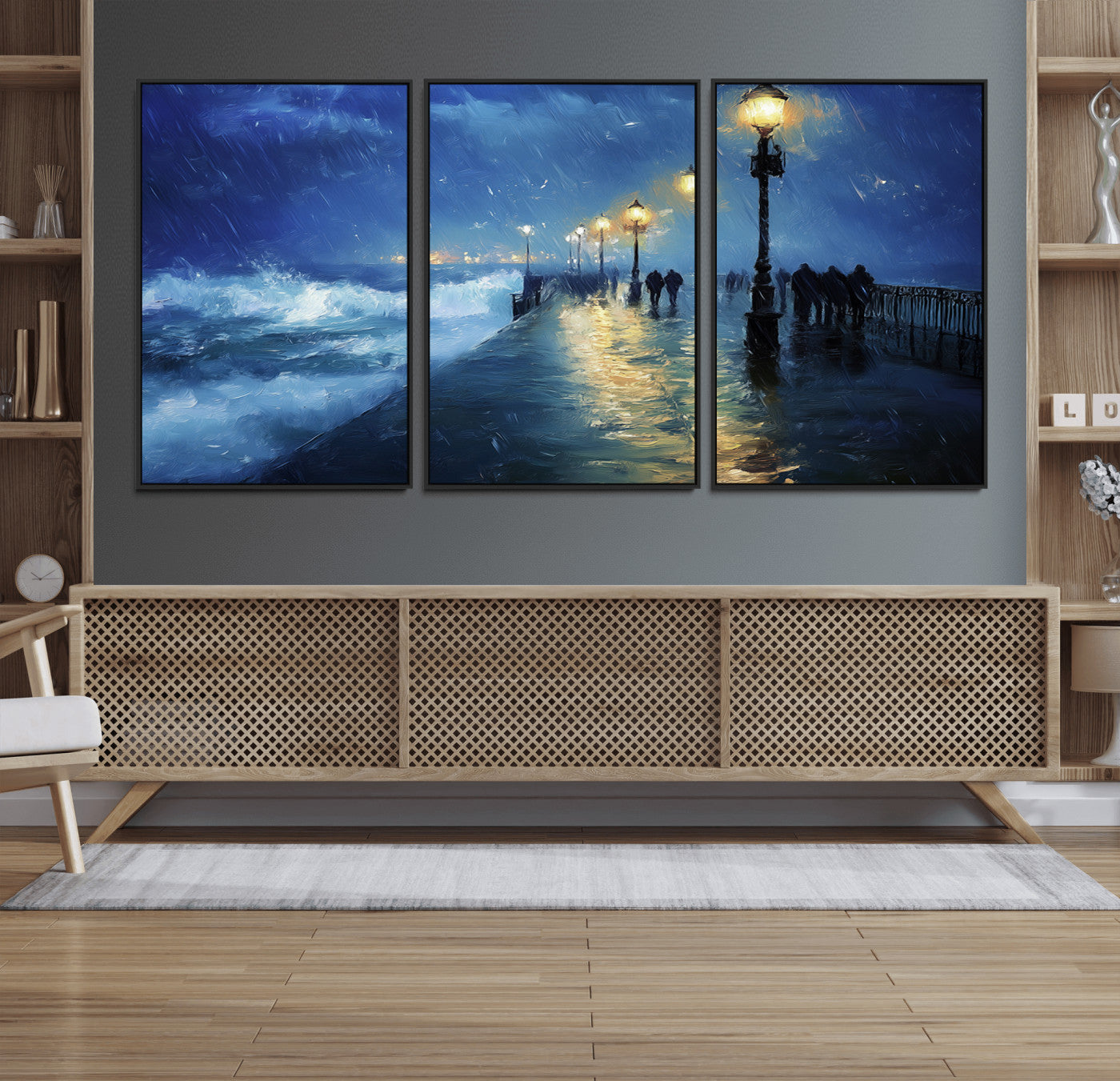 94571-MGV-FC-60X30-3P_Black-Storm Ocean Pier Canvas Wall Art Print - Large Moody Night Scene Print, Seaside Wall Decor