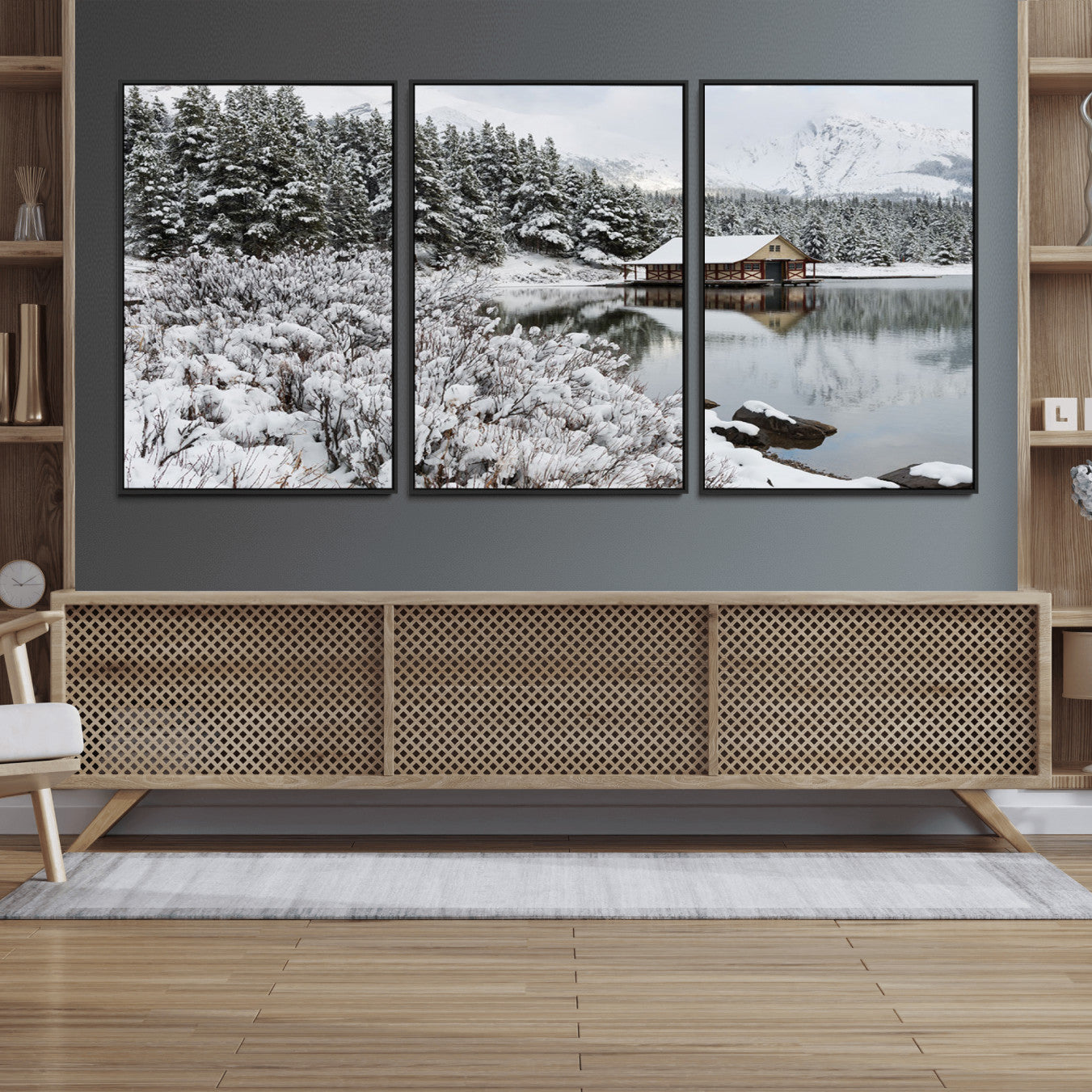 -Winter Wall Art - Cabin by the Lake Canvas Wall Art - Serene Snowy Landscape with Mountain View,