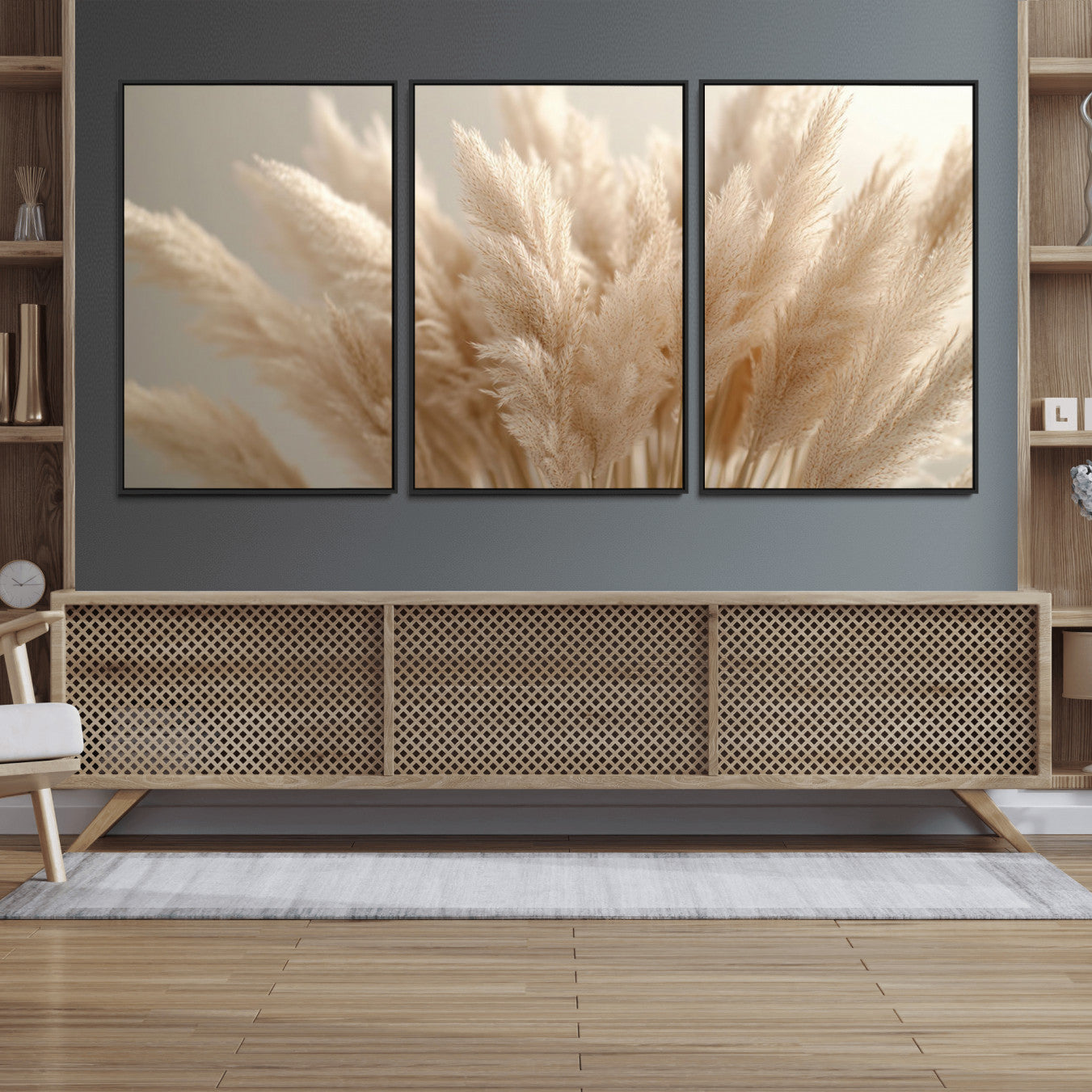 50300-MGV-FC-60X30-3P_Black-Pampas Grass Canvas Wall Art - Elegant Neutral Decor for Living Room, Boho Minimalist Artwork, Ready