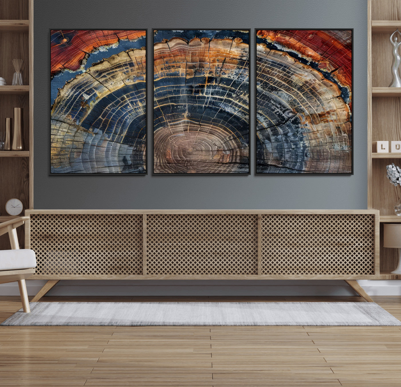 MGV-FC-60X30-3P - Abstract Tree Ring Wall Art, Colorful Framed Tree Ring Wall Decor, Minimalist Home Canvas Art,