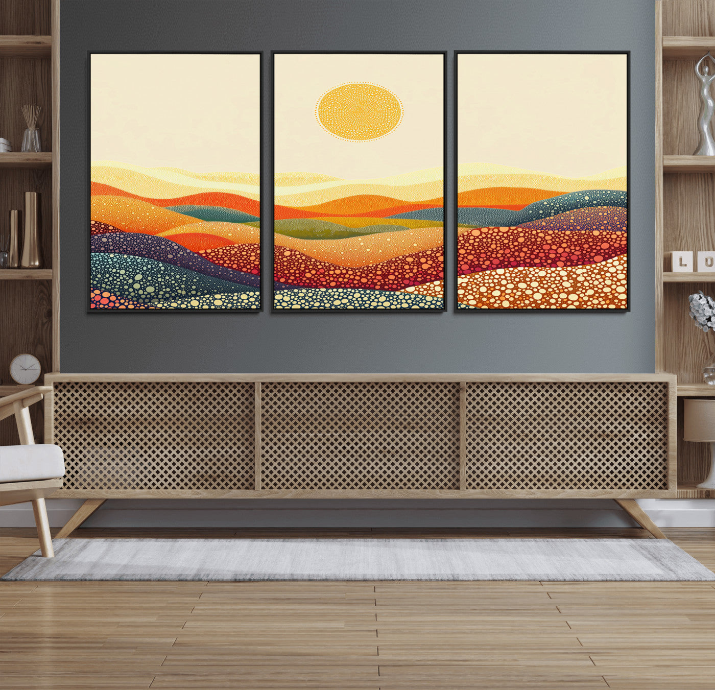 74226-MGV-FC-60X30-3P_Black-YAYOI KUSAMA Colorful Dot Art Landscape Canvas - Framed Abstract Pointillism Inspired by Nature with