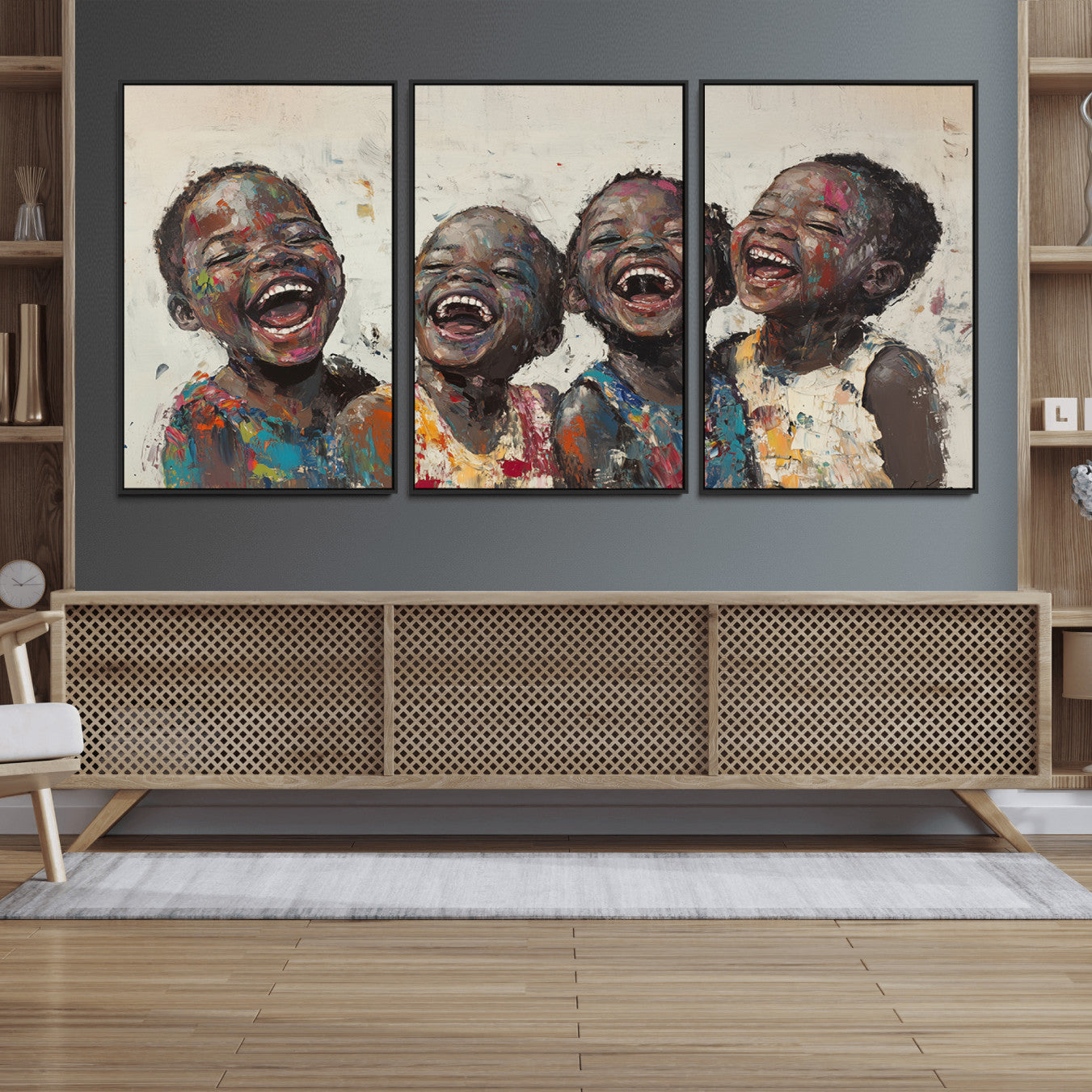 85256-MGV-CV-36X24-Shai Yossef Print - Joyful Childhood Canvas Wall Art - Expressive Impasto Painting of Laughing