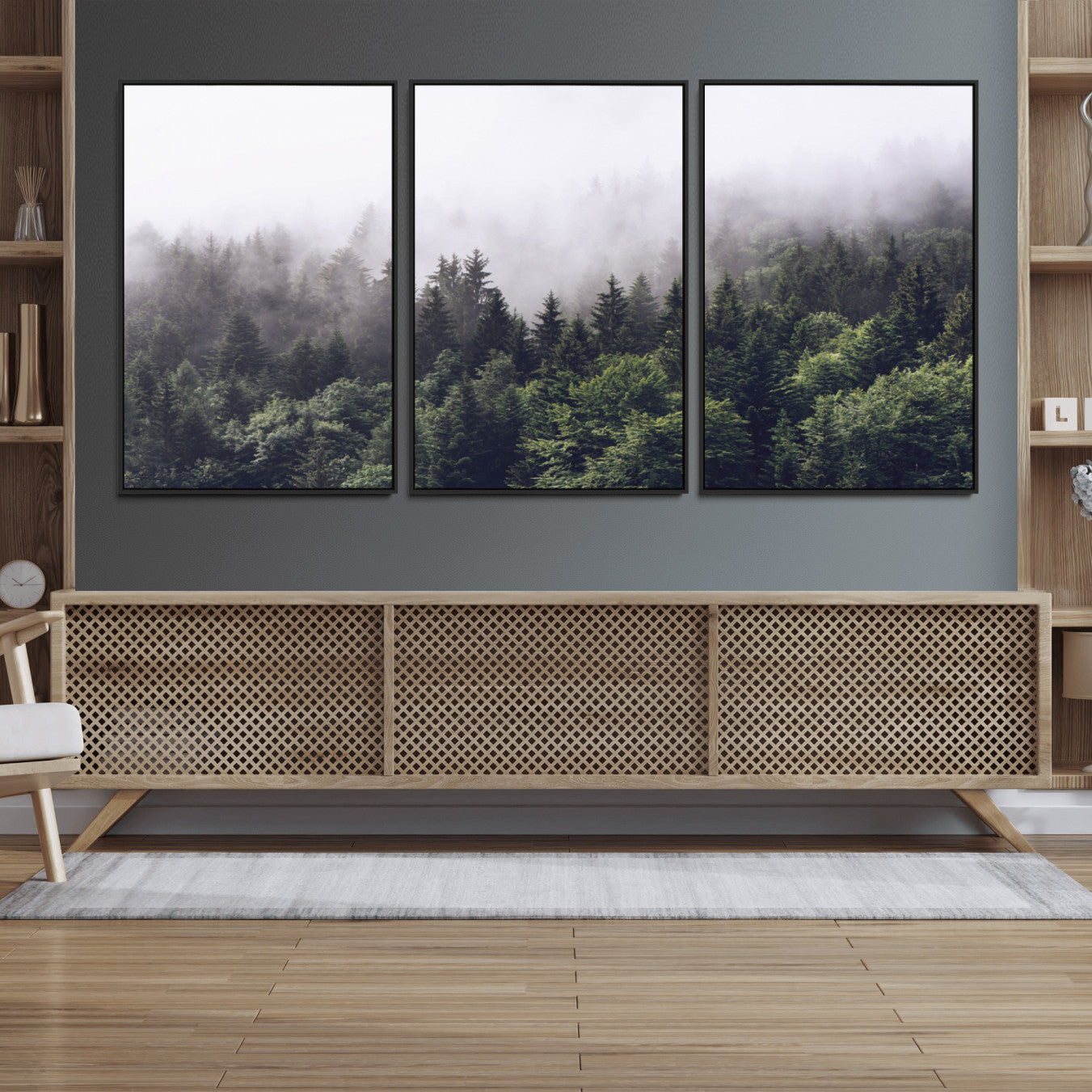 42578900-MGV-FC-60X30-3P_Black-Misty Forest Wall Art | Foggy Forest Canvas Print | Large Nature-Inspired Misty Tree Landscape for