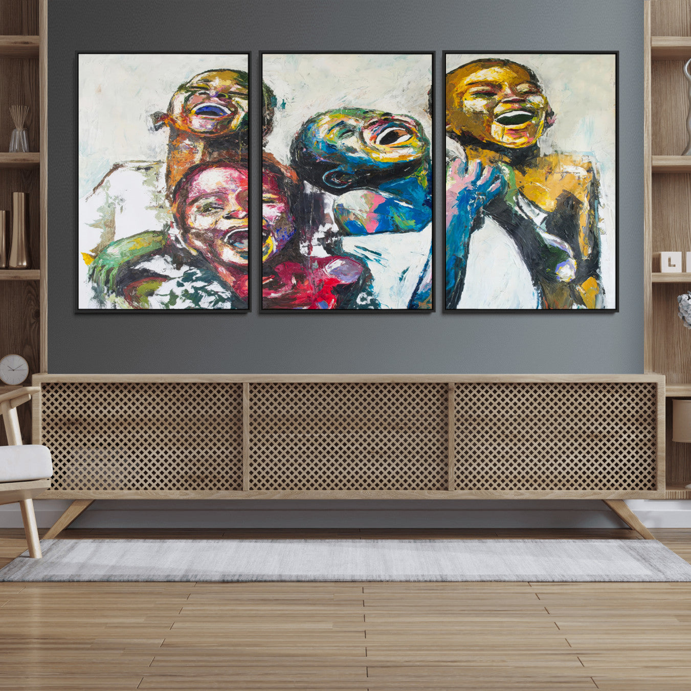 58627-MGV-FC-60X30-3P_Black-Shai Yossef Style Canvas Art - Joyful African Black Kids Impasto Painting with Vibrant Brushstrokes,