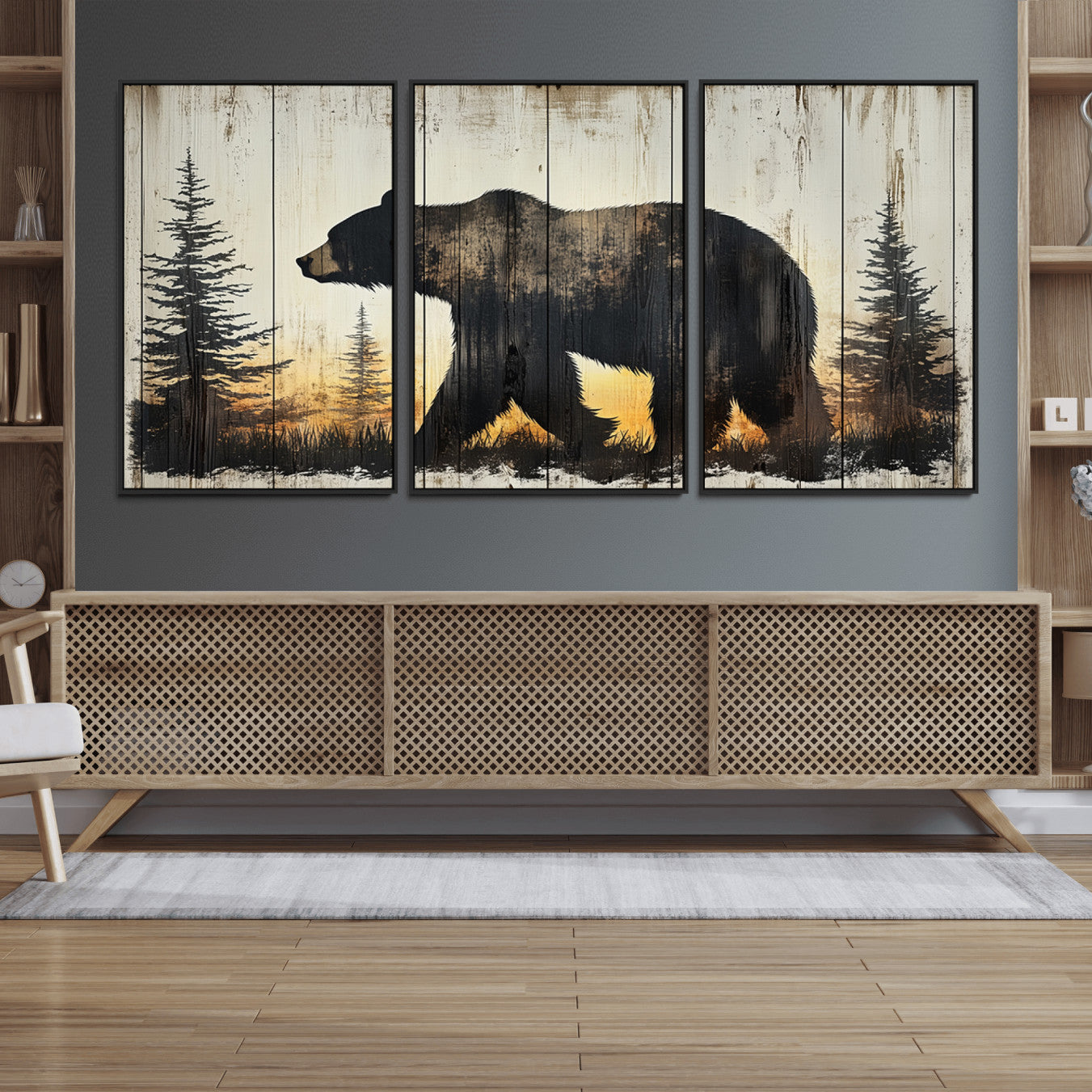 83875-MGV-FC-60X30-3P_Black-Vintage Bear Wall Art Canvas Print for Farmhouse - Mountain Wood Canvas Wall Art - Forest Silhouette