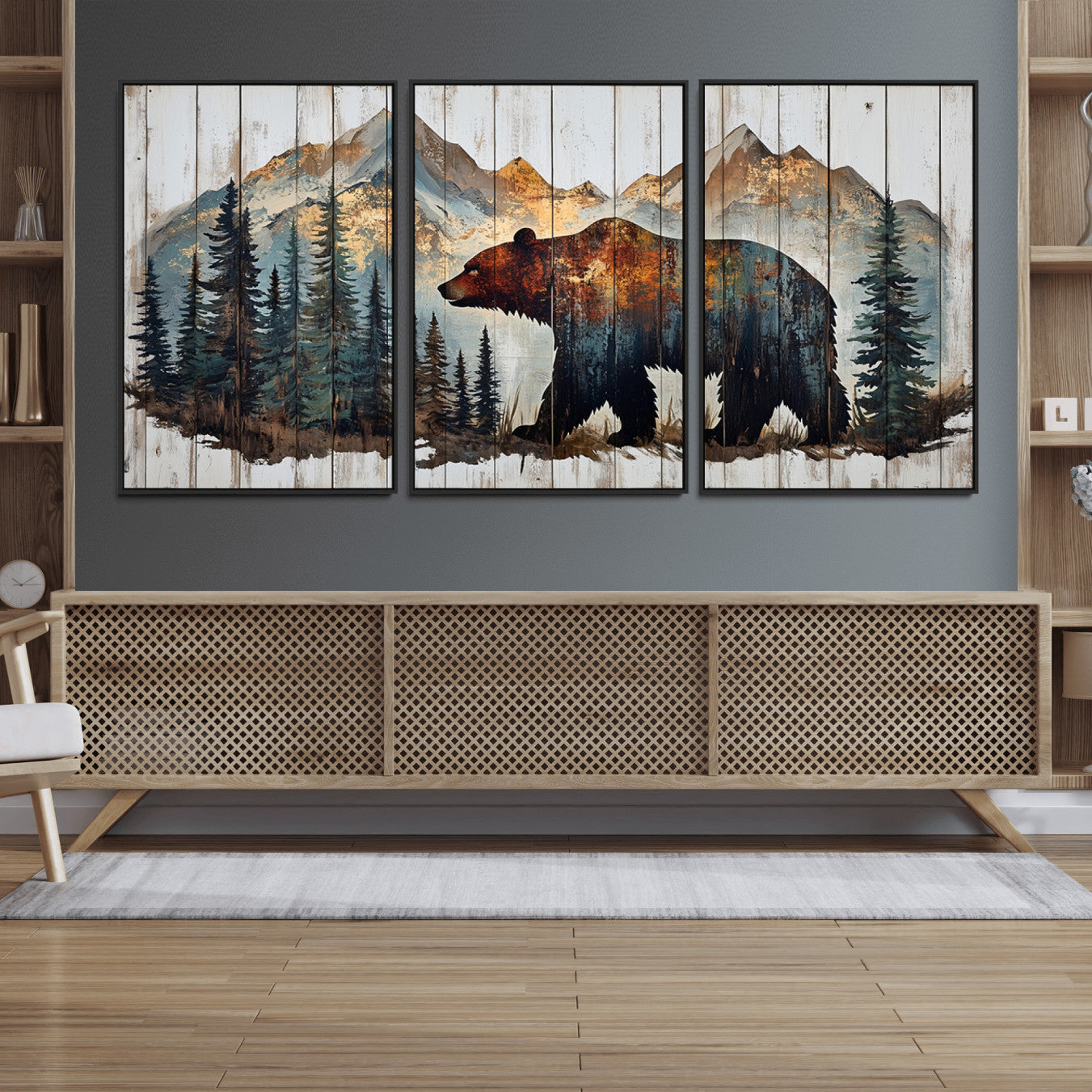 55777-MGV-FC-60X30-3P_Black-Rustic Grizzly 399 Bear and Mountain Wood Canvas Wall Art - Framed Nature Artwork with Forest