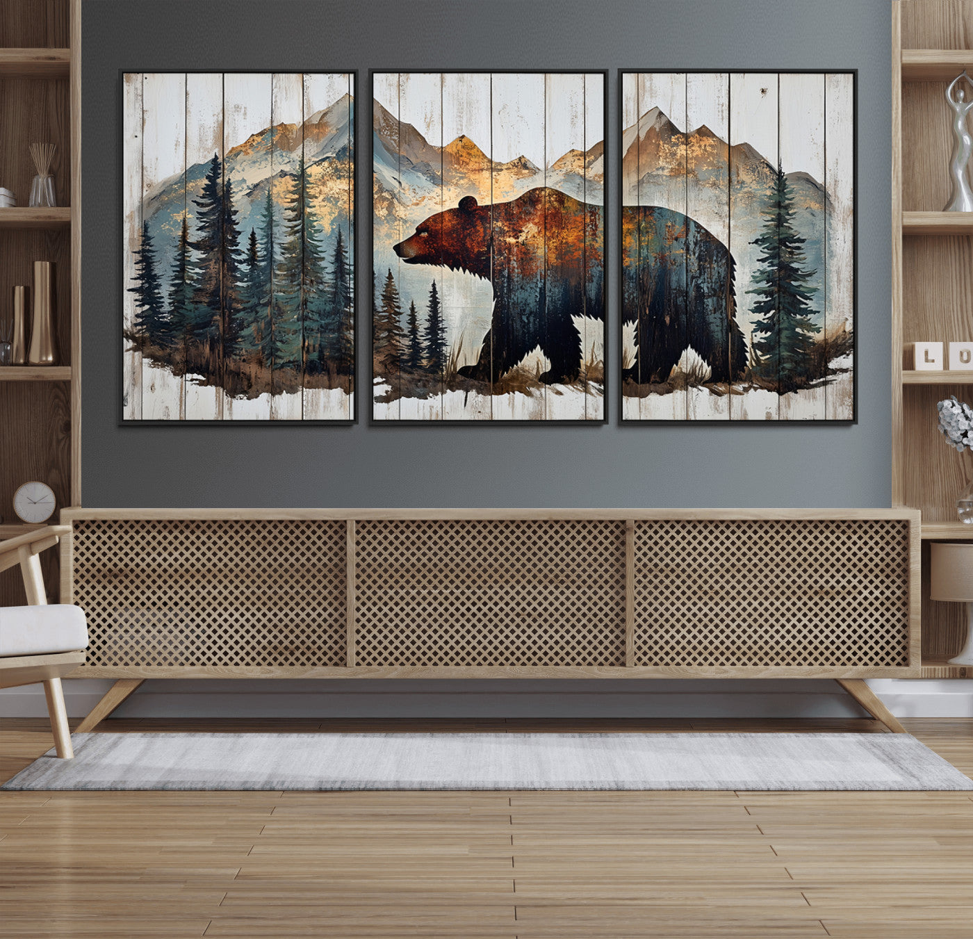 55777-MGV-FC-60X30-3P_Black-Rustic Grizzly 399 Bear and Mountain Wood Canvas Wall Art - Framed Nature Artwork with Forest