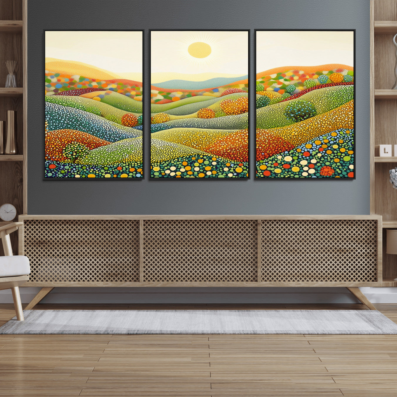 27683-MGV-FC-60X30-3P_Black-YAYOI KUSAMA Colorful Dot Art Landscape Canvas - Framed Abstract Pointillism Inspired by Nature with