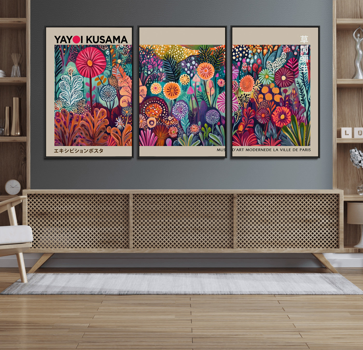 63822-MGV-FC-60X30-3P_Black-Yayoi Kusama Wall Art Canvas Print, Abstract Art, Large Yayoi Kusama Framed Wall Art Print, Japanese