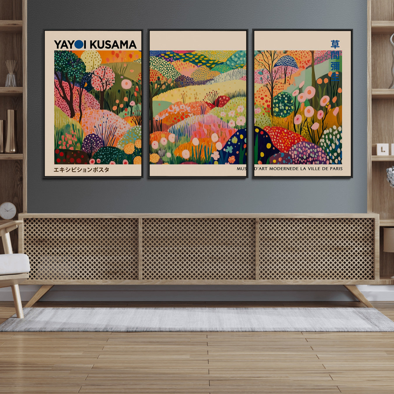 47970-MGV-FC-60X30-3P_Black-Yayoi Kusama Japanese Art Canvas Print, Abstract Art, Large Yayoi Kusama Framed Print, Japanese Wabi