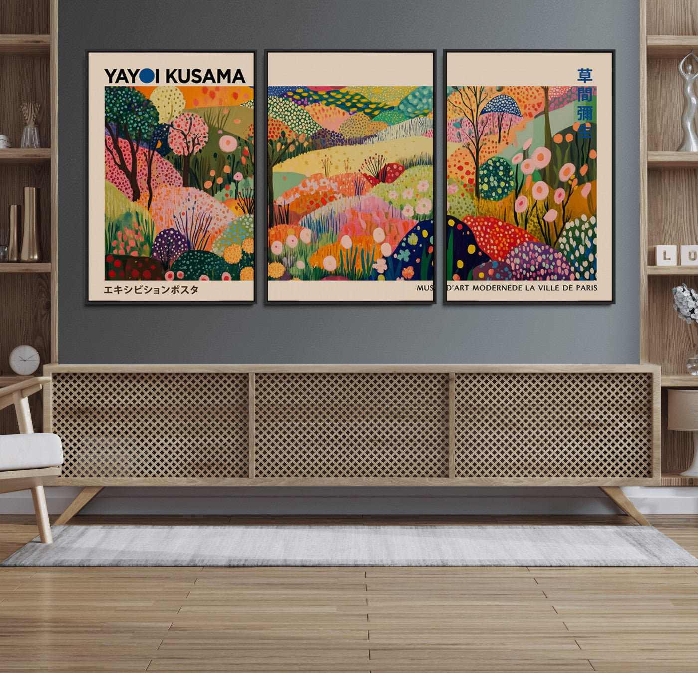 47970-MGV-FC-60X30-3P_Black-Yayoi Kusama Japanese Art Canvas Print, Abstract Art, Large Yayoi Kusama Framed Print, Japanese Wabi