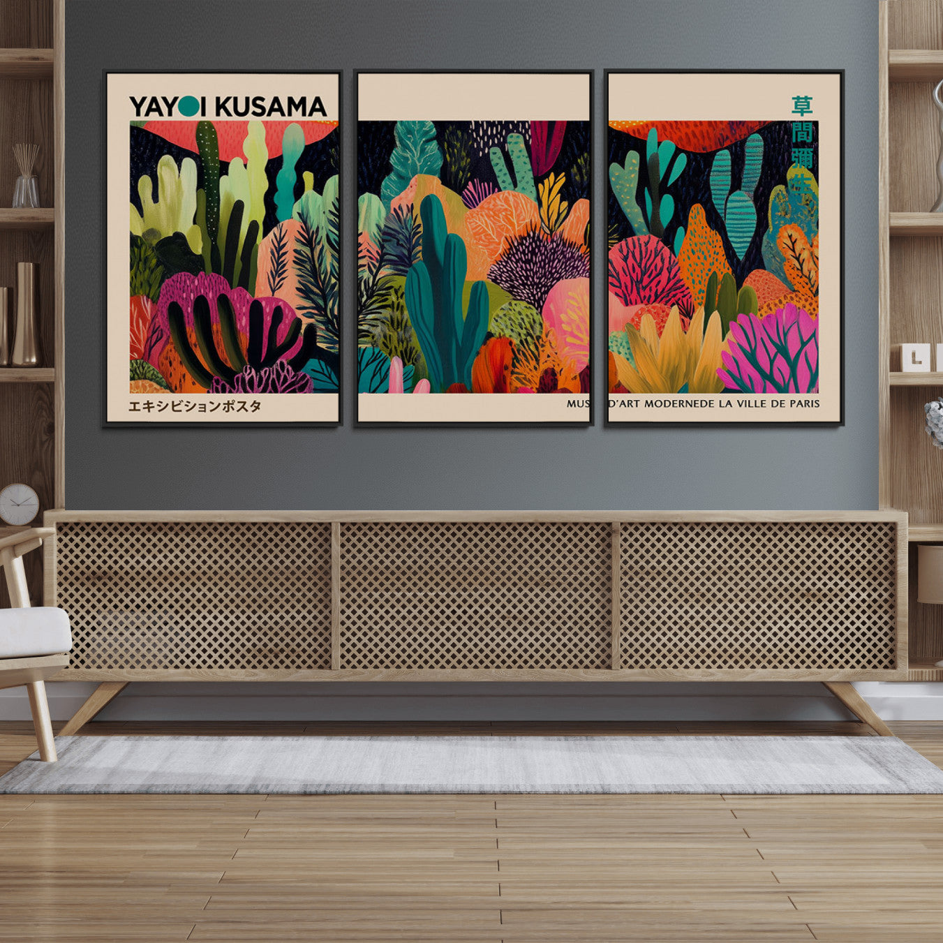 45711-MGV-FC-60X30-3P_Black-Yayoi Kusama Wall Art Canvas Print, Abstract Art, Large Yayoi Kusama Framed Canvas Print, Japanese