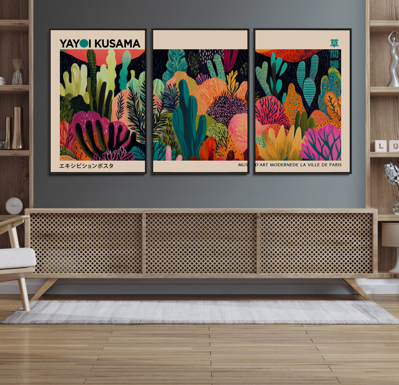 45711-MGV-FC-60X30-3P_Black-Yayoi Kusama Wall Art Canvas Print, Abstract Art, Large Yayoi Kusama Framed Canvas Print, Japanese