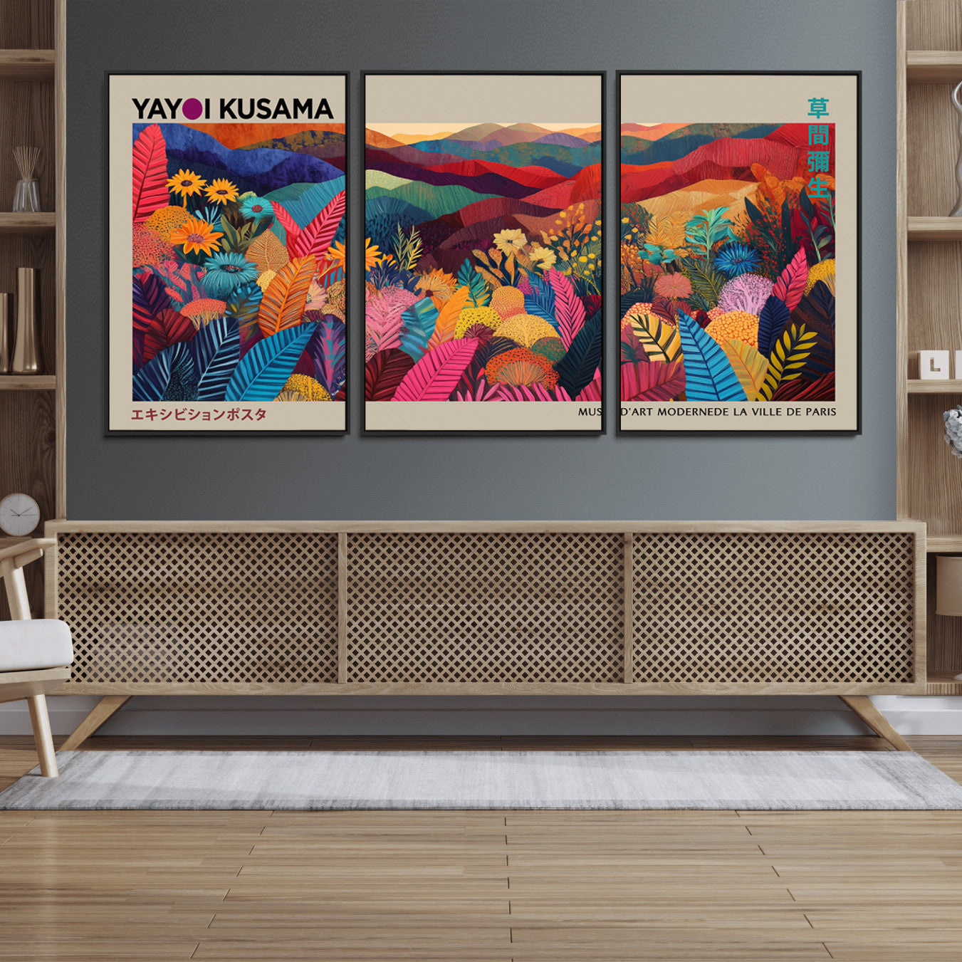 53639-MGV-FC-60X30-3P_Black-Yayoi Kusama Wall Art Canvas Print, Abstract Art, Large Yayoi Kusama Framed Print, Japanese Wabi
