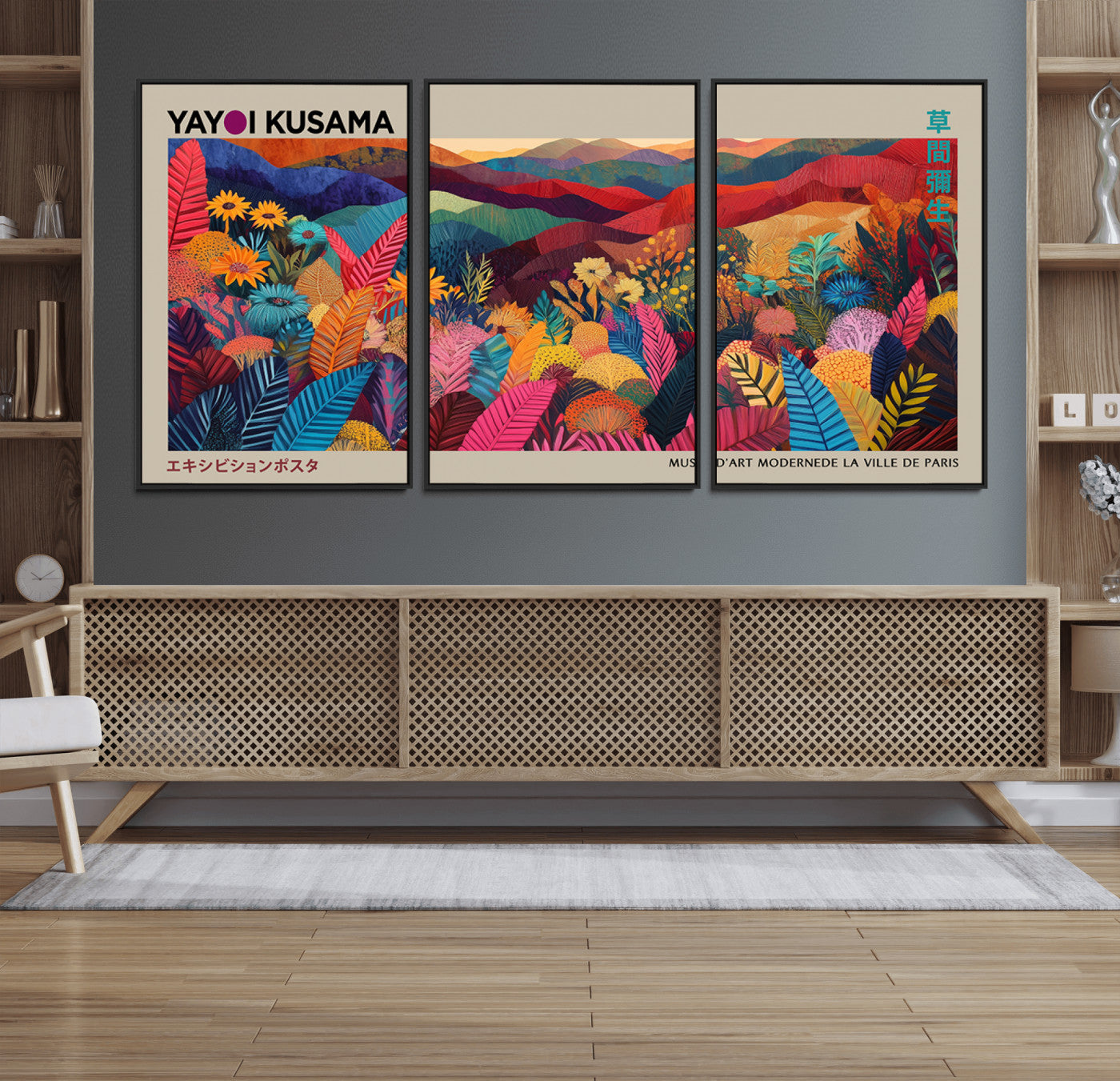 53639-MGV-FC-60X30-3P_Black-Yayoi Kusama Wall Art Canvas Print, Abstract Art, Large Yayoi Kusama Framed Print, Japanese Wabi