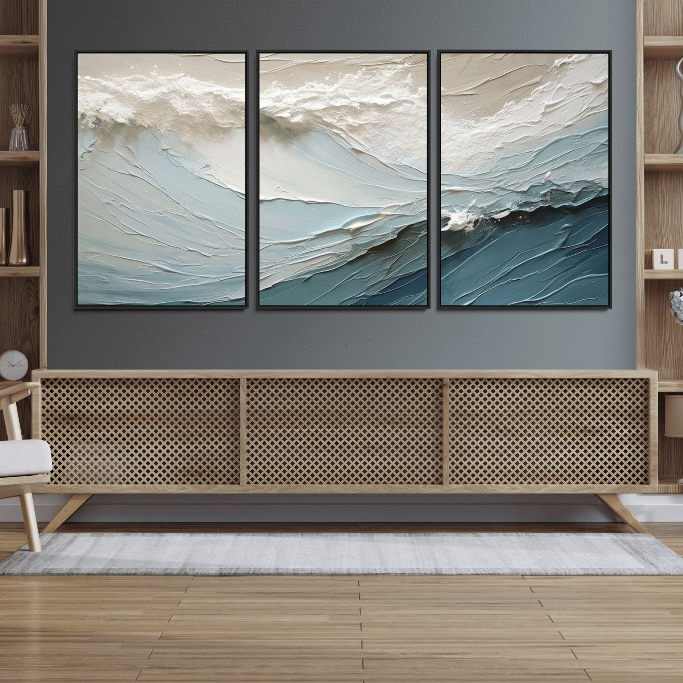36946-MGV-FC-60X30-3P_Black-Waves Abstract Wall Art Print, Modern Framed Abstract Canvas Print, Abstract Painting for Living