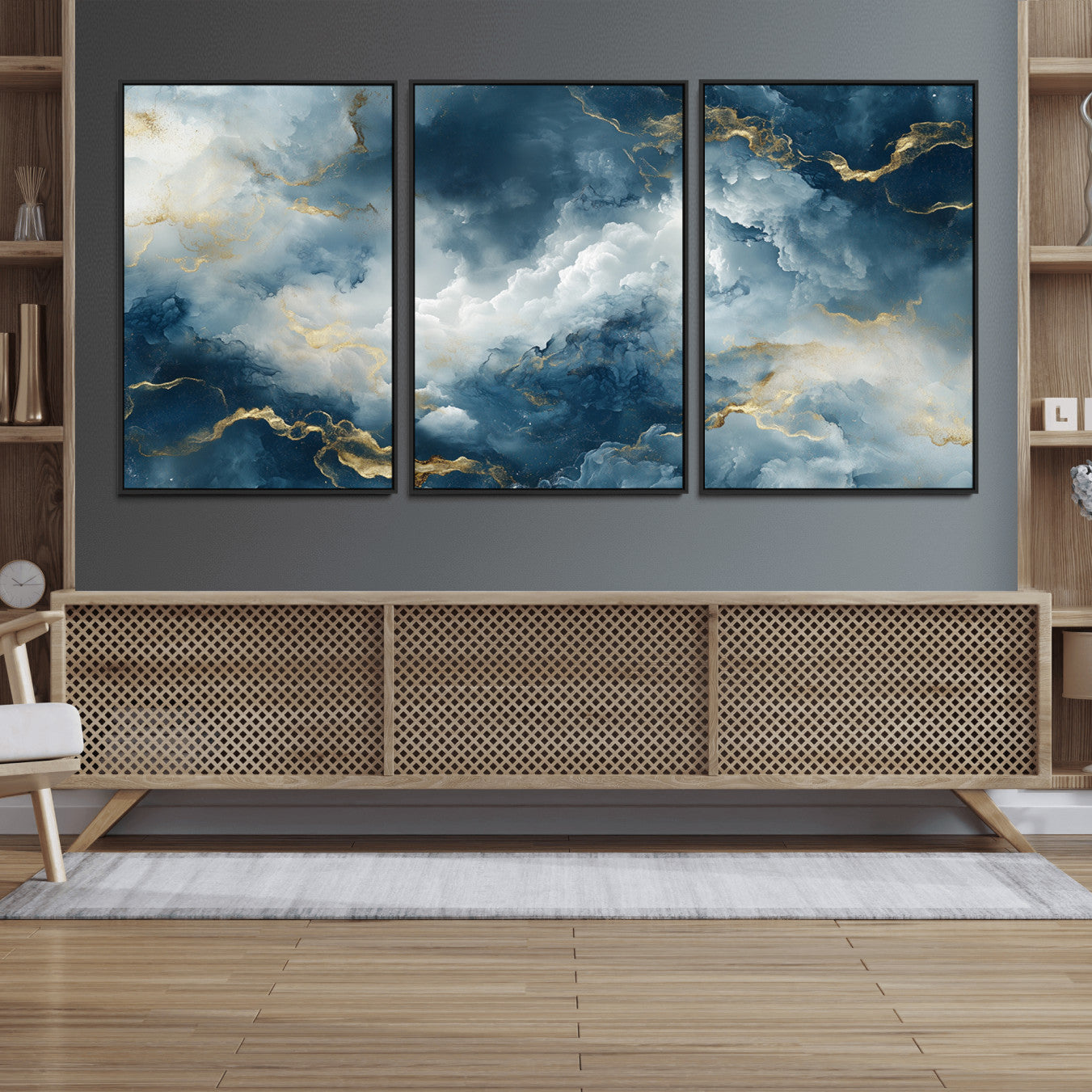 48298-MGV-FC-60X30-3P_Black-Large Abstract Print - Luxe Blue and Gold Abstract Canvas Wall Art - Bold Cloudscape Canvas for