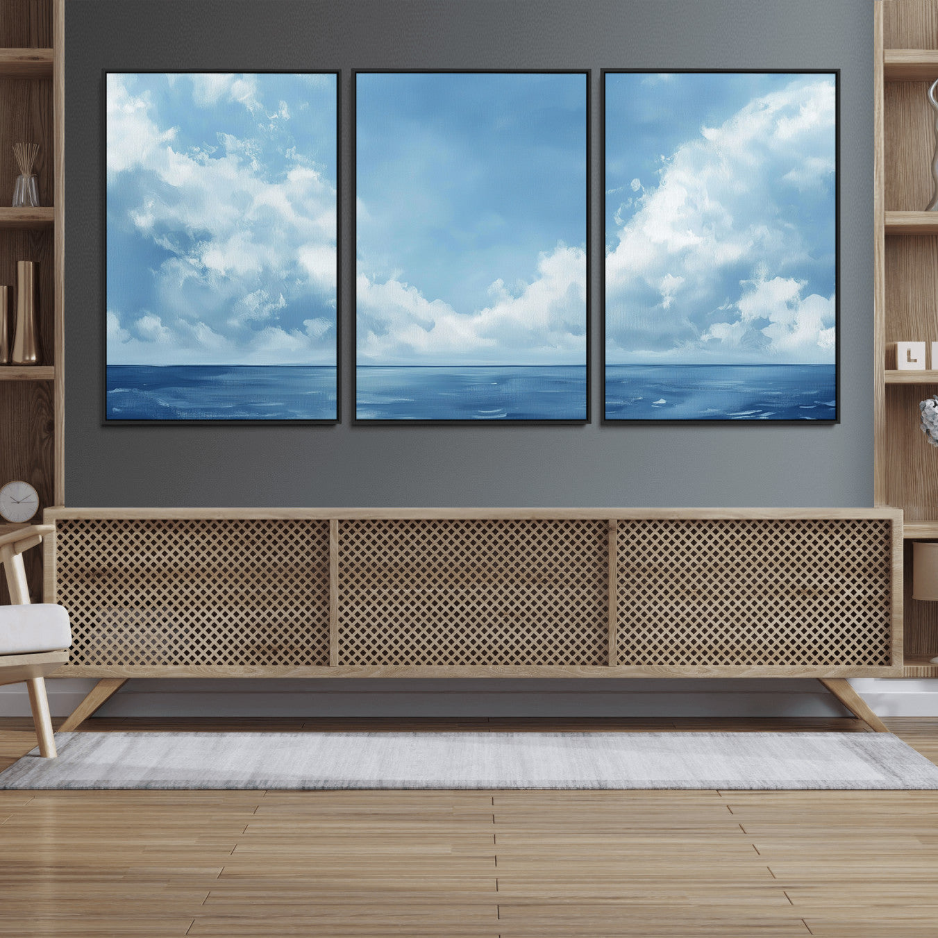 57554-MGV-FC-60X30-3P_Black-Abstract Ocean Print Artwork- Serene Blue Ocean Canvas Wall Art - Minimalist Ocean and Sky Canvas