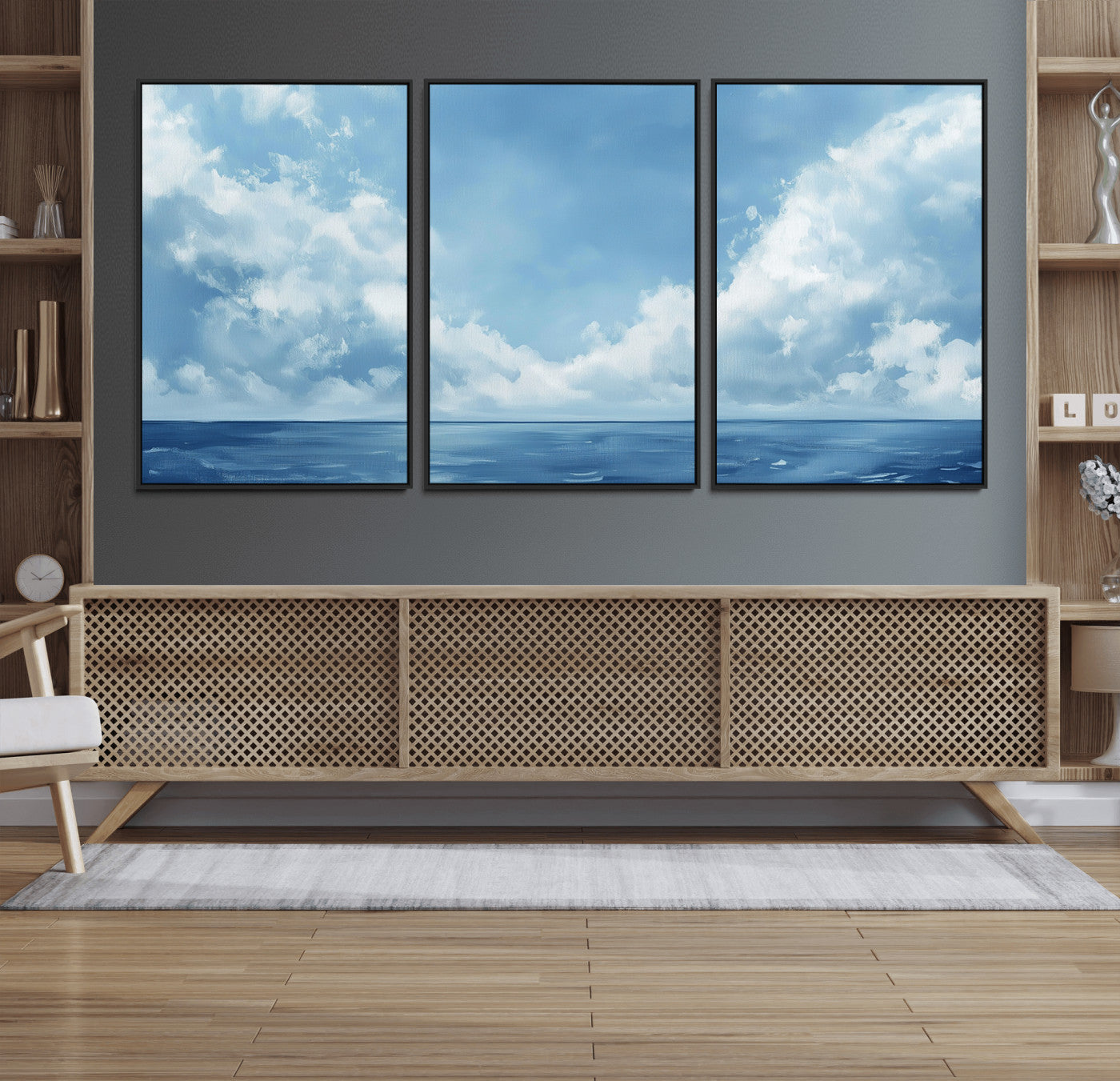 57554-MGV-FC-60X30-3P_Black-Abstract Ocean Print Artwork- Serene Blue Ocean Canvas Wall Art - Minimalist Ocean and Sky Canvas