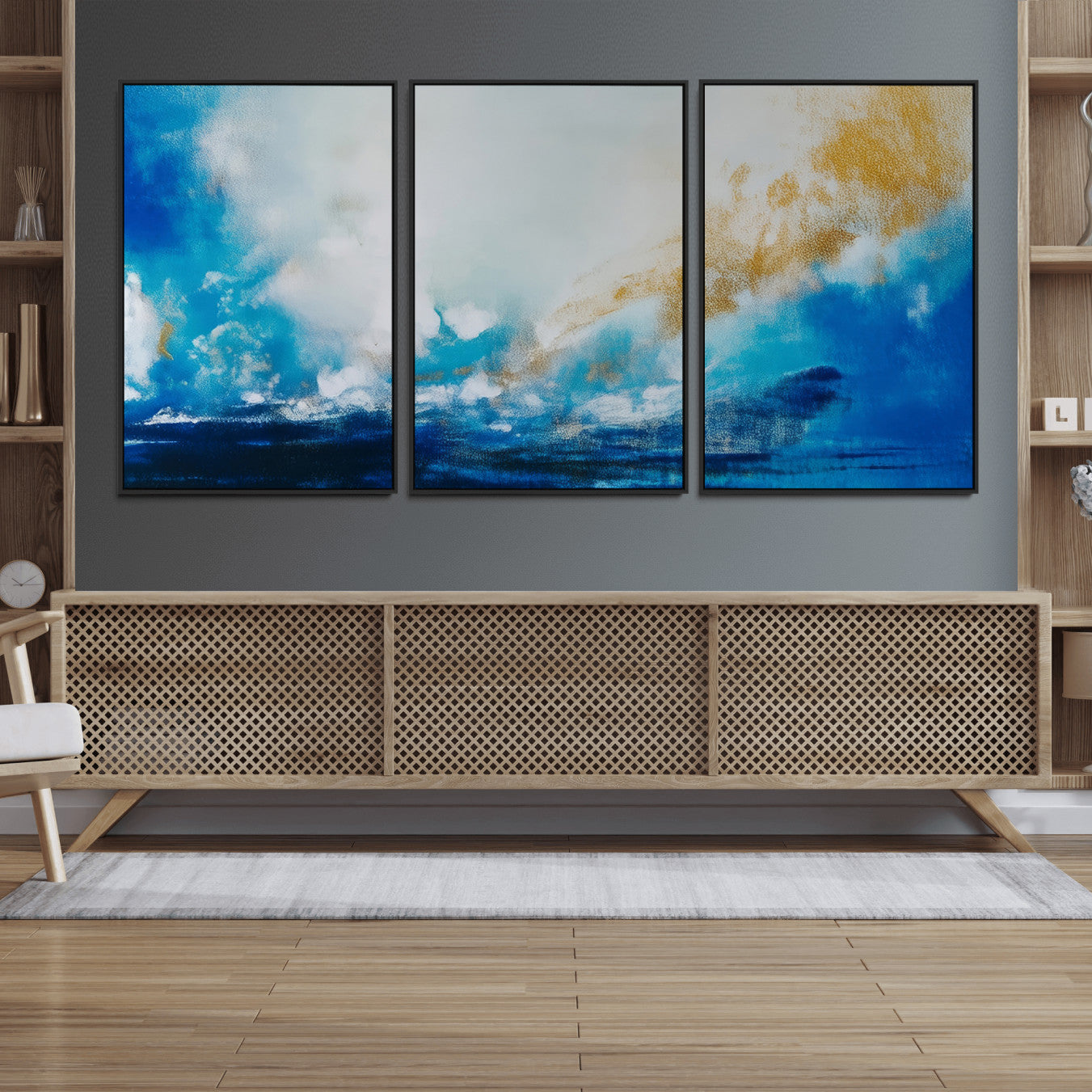 84745-MGV-FC-60X30-3P_Black-Blue Abstract Print - Dynamic Ocean-Inspired Canvas Wall Art