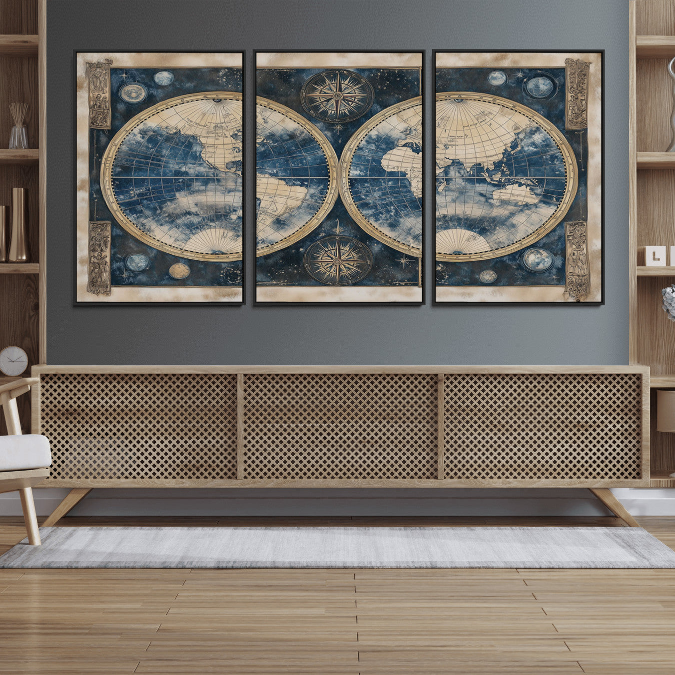 46473-MGV-FC-60X30-3P_Black-Framed Vintage Blue World Map Canvas Print – Antique Double Hemisphere Wall Art for Home and Office Decor, Classic Explorer Map Artwork
