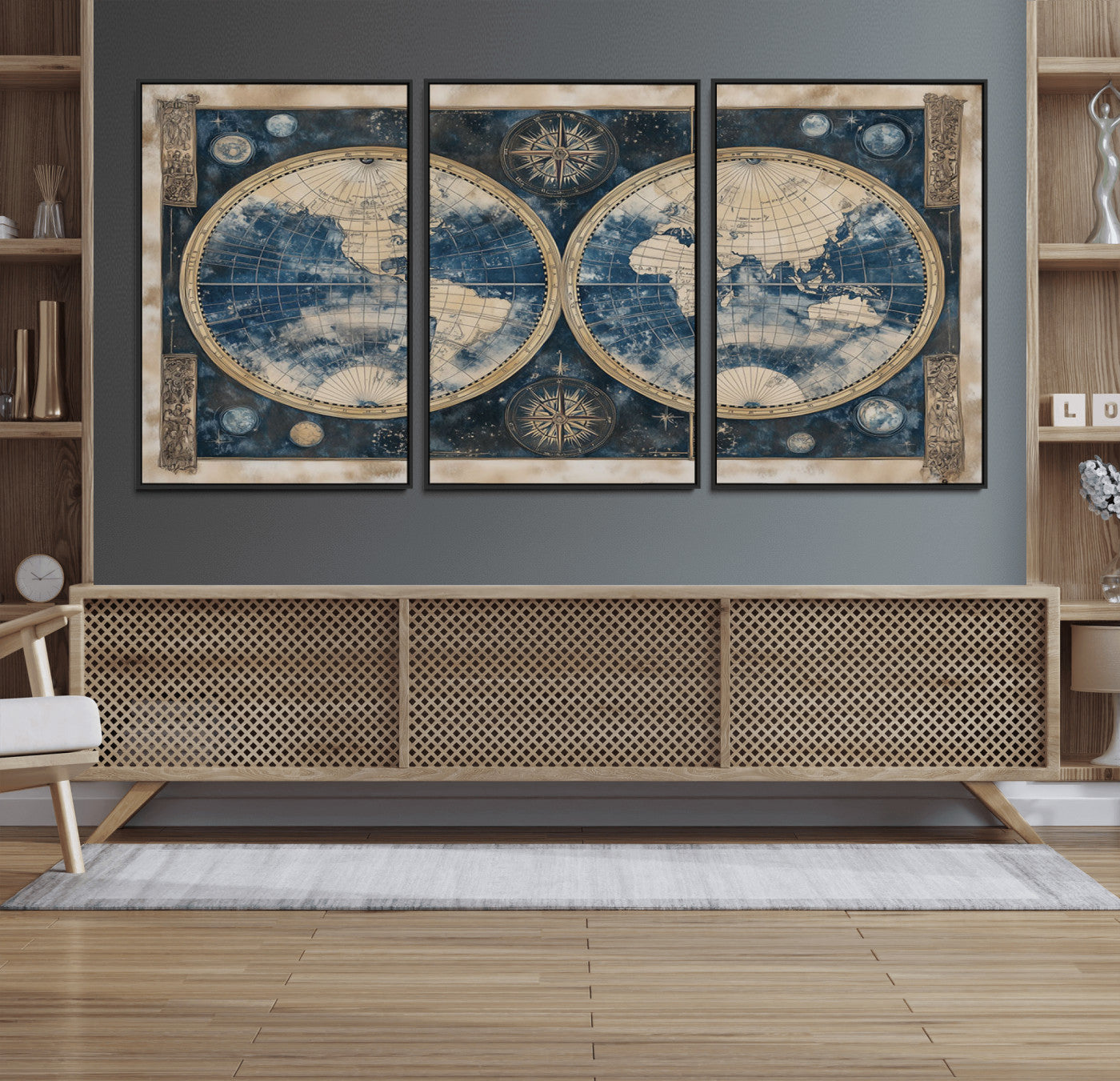 46473-MGV-FC-60X30-3P_Black-Framed Vintage Blue World Map Canvas Print – Antique Double Hemisphere Wall Art for Home and Office Decor, Classic Explorer Map Artwork