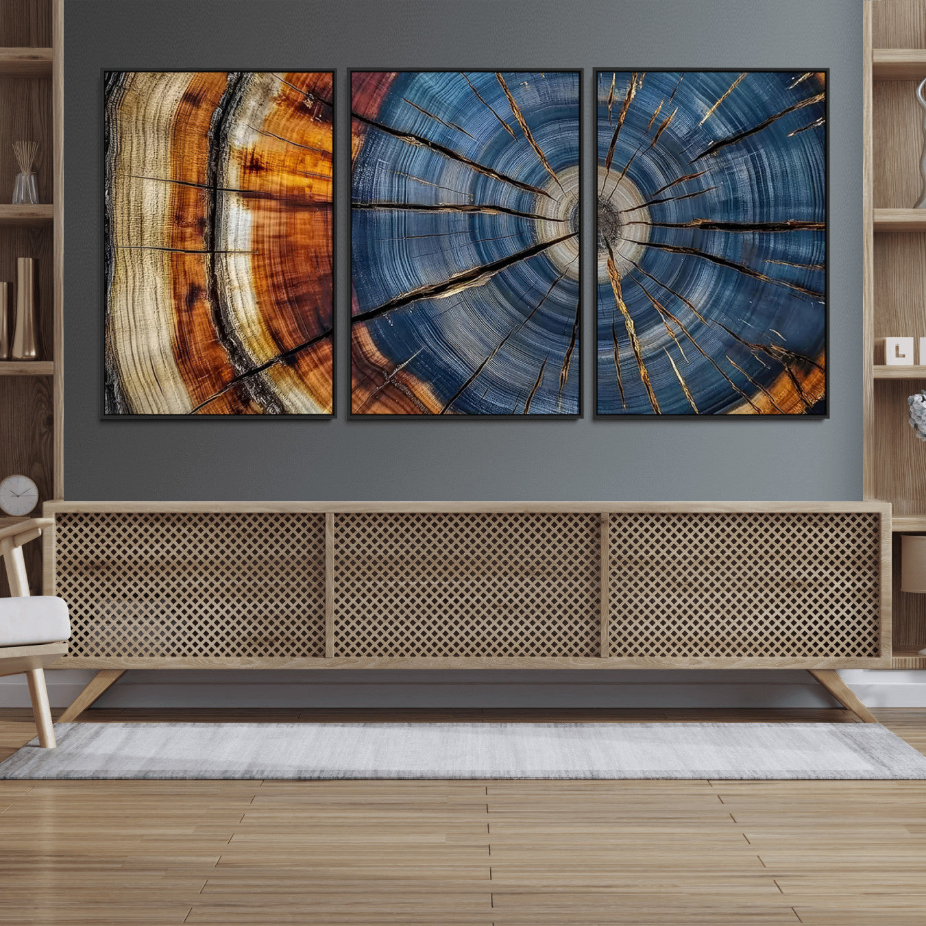 10583-MGV-FC-60X30-3P_Black-Abstract Tree Rings Canvas Wall Art - Wood Grain Canvas Print - Nature-Inspired Modern Wood Grain